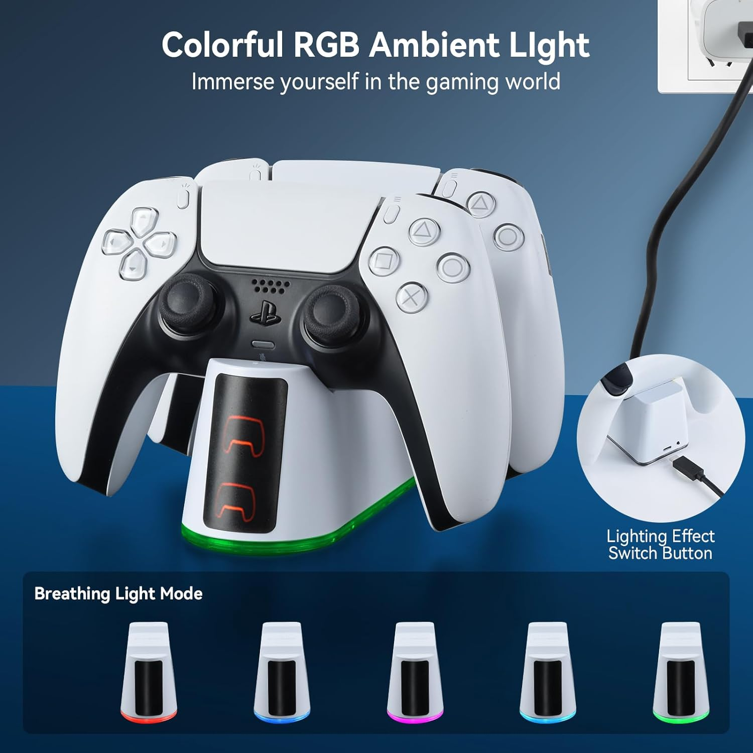 Weiße Controller-Ladestation mit RGB-Umgebungslicht und beleuchtetem Modus-Schalter.