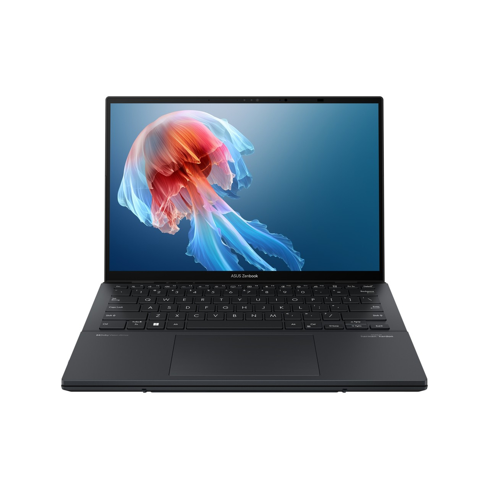 Ekranında renkli bir denizanası duvar kağıdı gösteren siyah Asus Zenbook dizüstü bilgisayar.