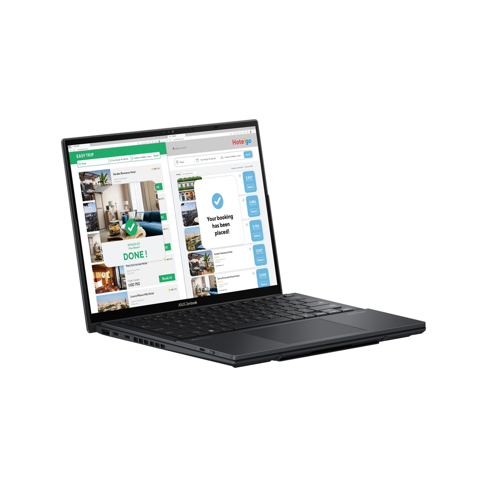 Ekranında rezervasyon onayını gösteren koyu renkli bir Asus Zenbook.