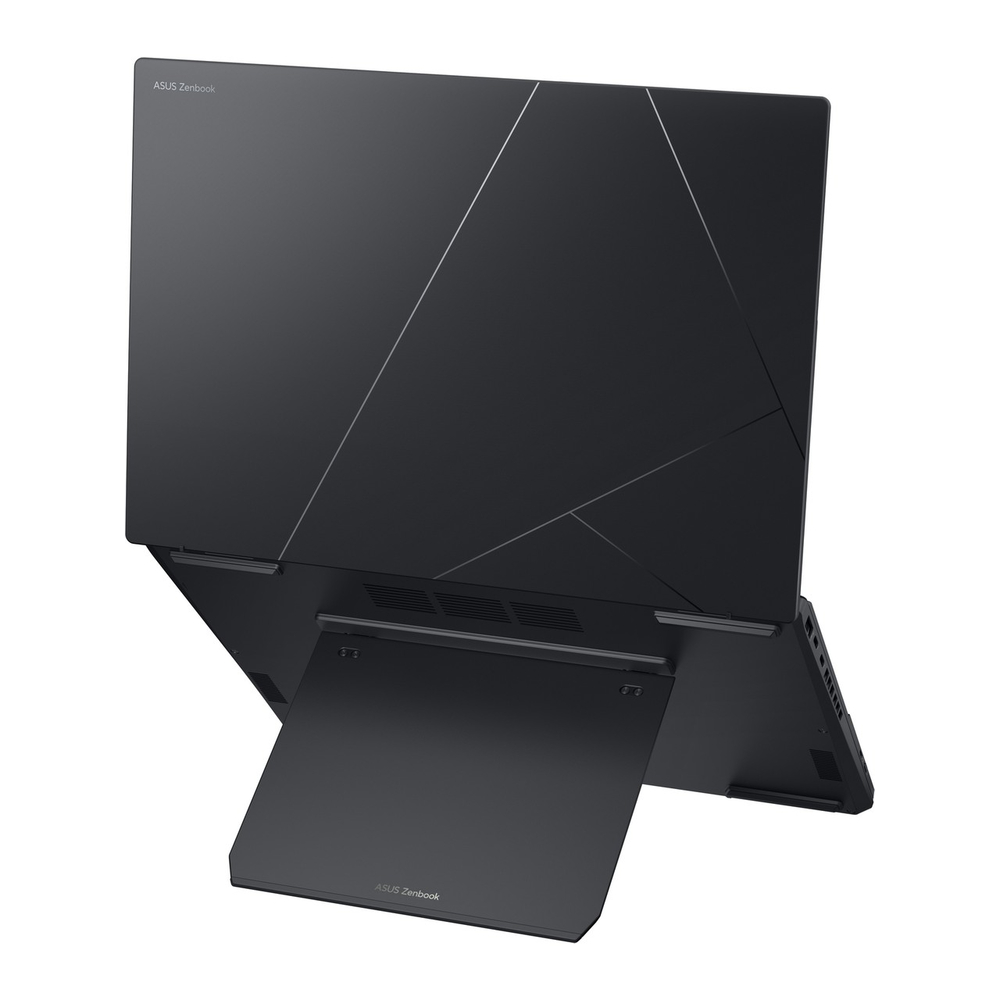 Kapaktaki geometrik tasarımlı ve destekli siyah ASUS Zenbook dizüstü bilgisayar.