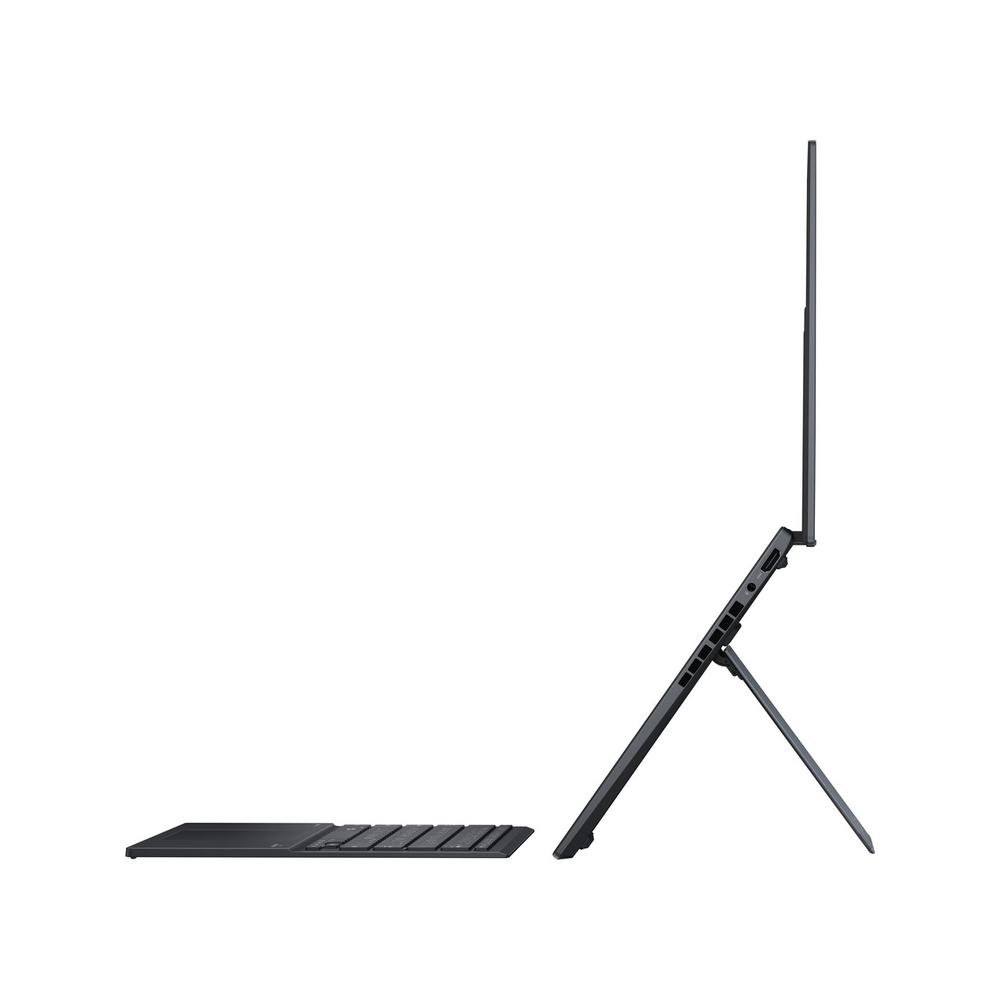 Siyah tablet stant ve klavyeli, beyaz arka plan üzerinde.