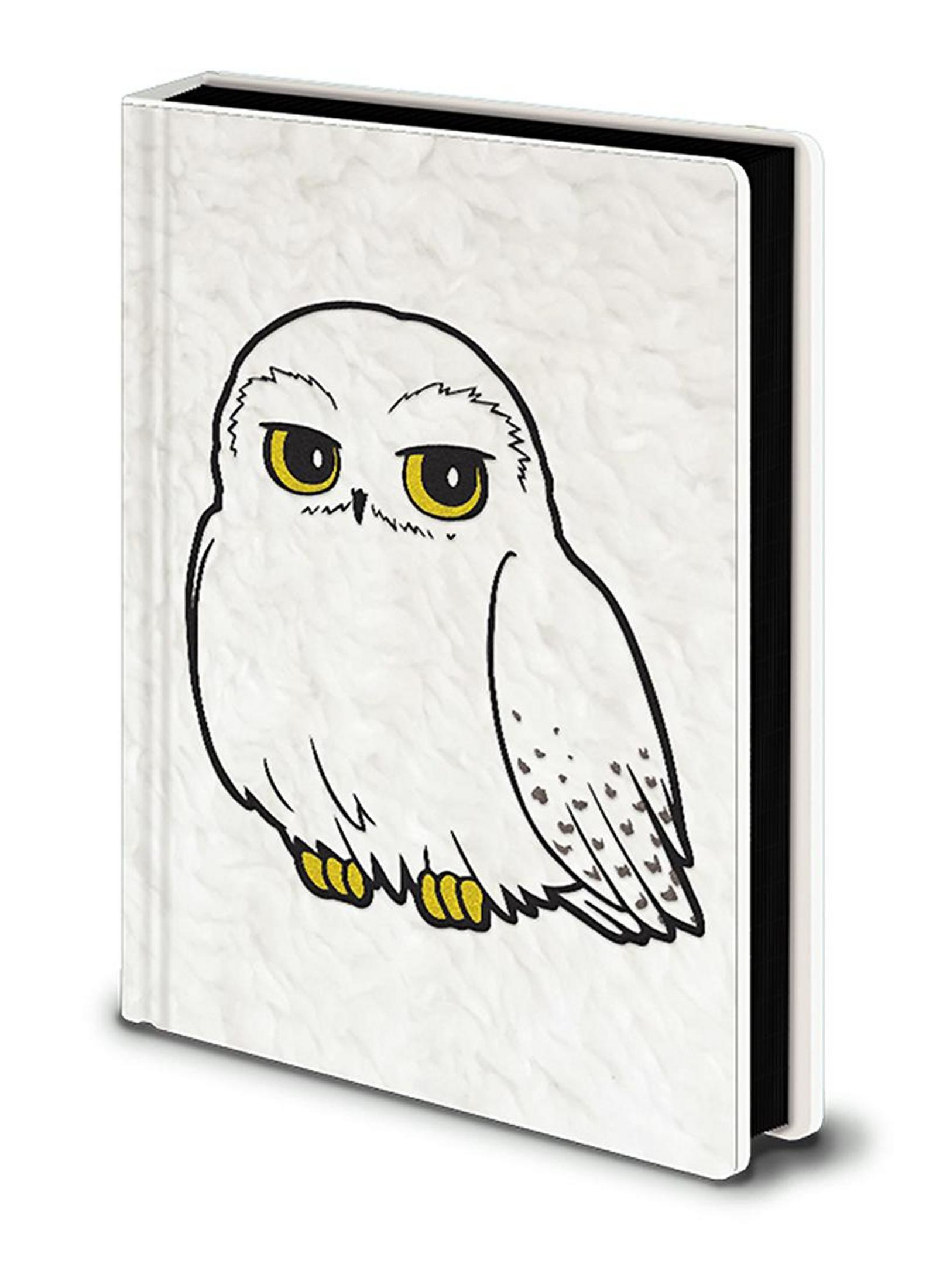 Ein Notizbuch mit einem weißen Vogelmotiv und gelben Augen.
