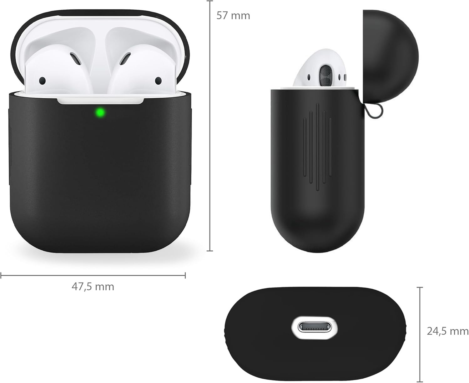 Schwarzes Etui mit weißen Ohrhörern und grünem Licht vorne.