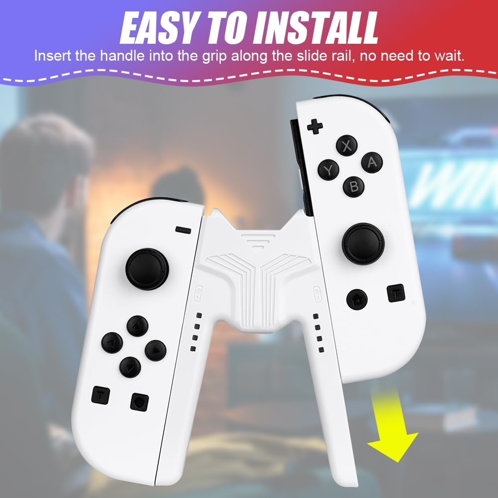 Weiße Controller-Griffe mit Bedienelementen und Pfeil nach unten.