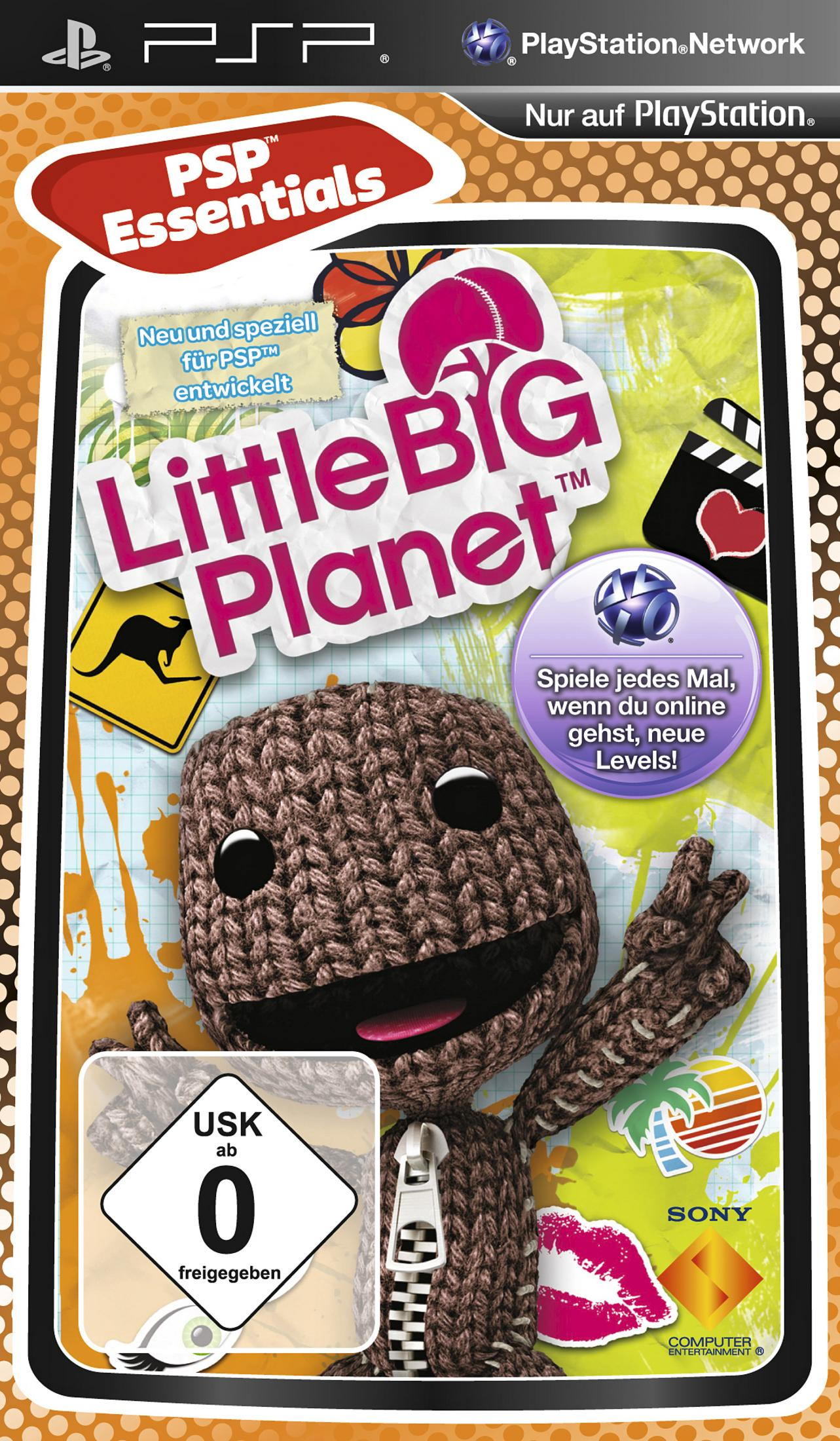 PSP LittleBig Planet Spielcover mit Sackboy, USK 0 Logo und PlayStation-Symbolen.