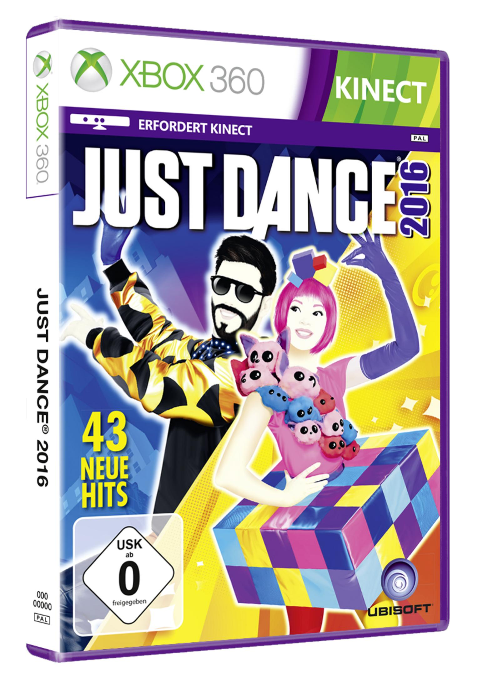 Xbox 360 Spielbox für Just Dance 2016 mit tanzenden Figuren und bunten Blöcken.