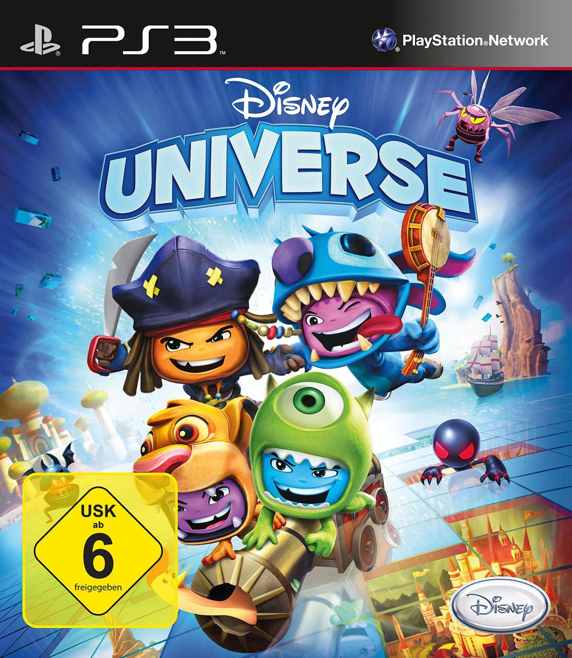 Disney Universe PS3 Spielcover mit bunten Charakteren, einer Kanone und einem Segelschiff.