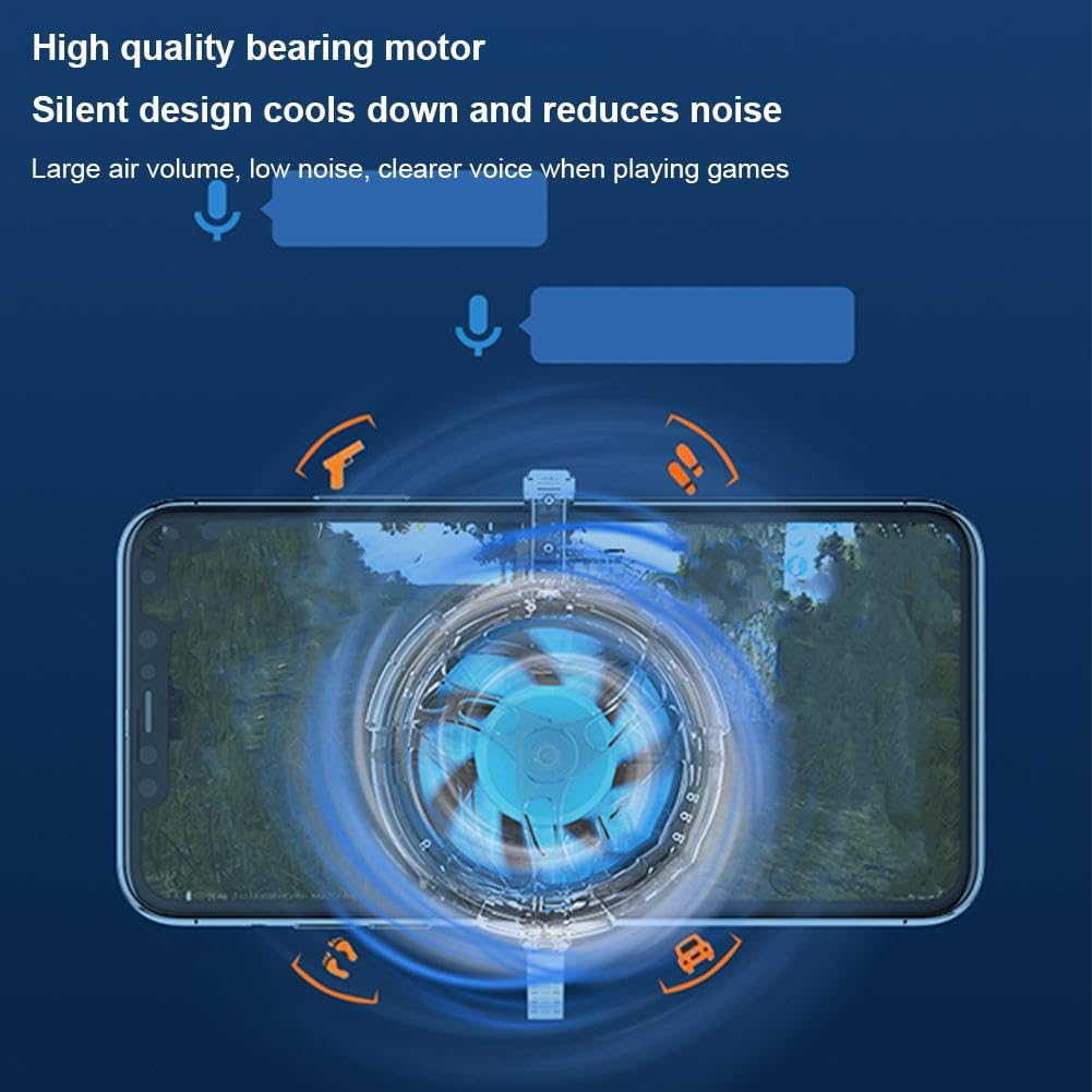 Smartphone mit Lüfteraufsatz. Icons deuten auf Gaming und Audio hin.
