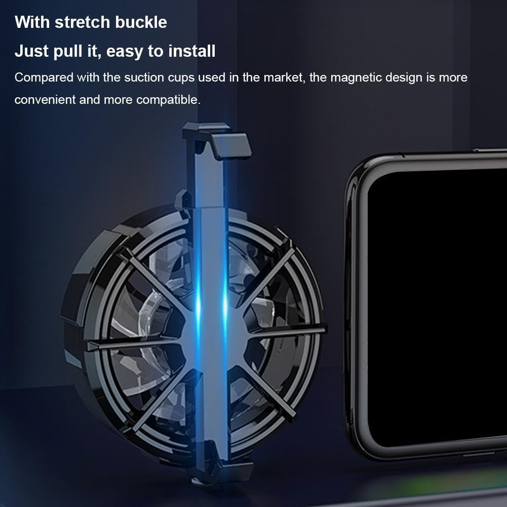Schwarzer Handy-Lüfter mit blauer LED-Beleuchtung, an einem Smartphone befestigt.