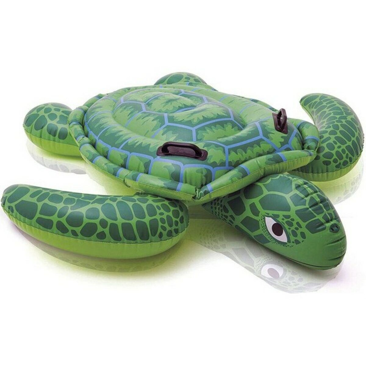Grüne aufblasbare Schildkröte mit dunkleren Flecken und blauem Netzmuster.