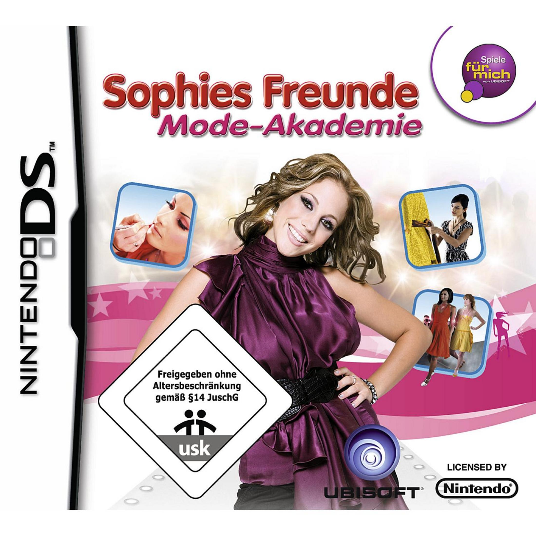 Spielcover von "Sophies Freunde Mode-Akademie" für Nintendo DS mit Frau in lila Kleid.