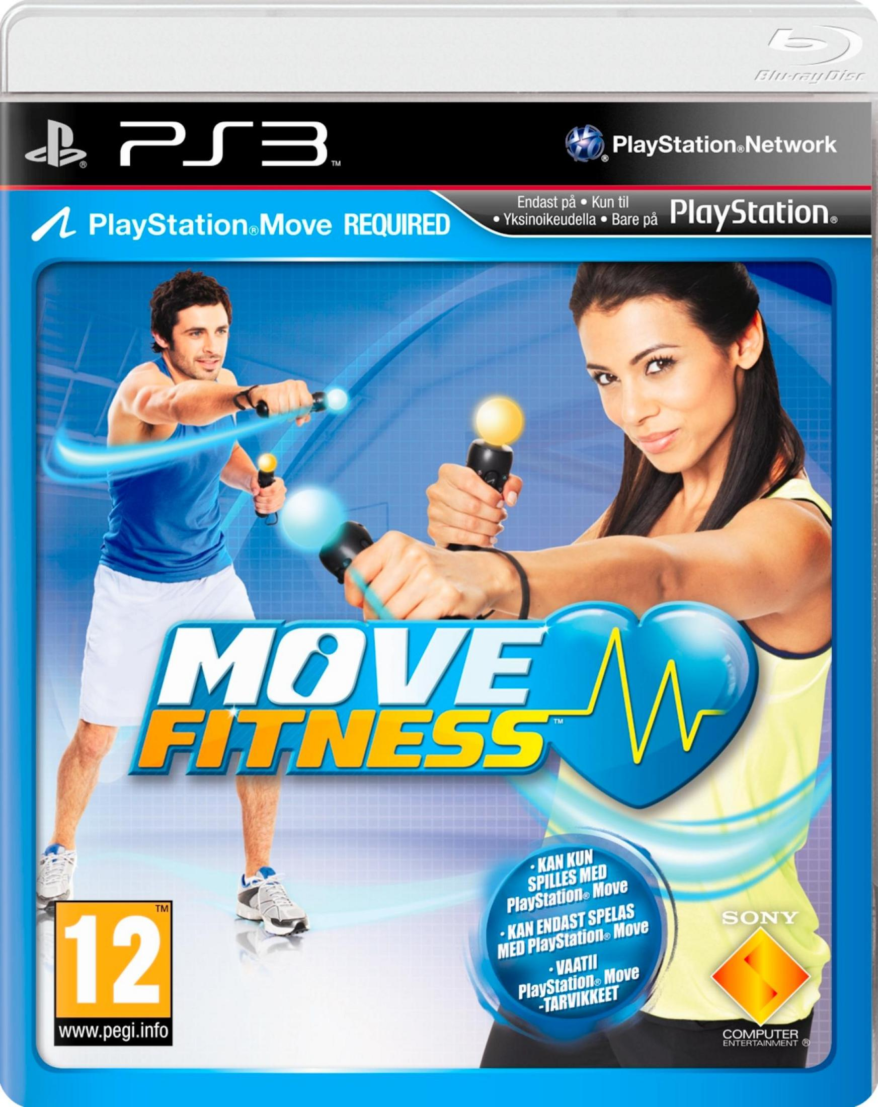 PS3 Spiel "Move Fitness" mit Mann und Frau, die PlayStation Move Controller halten.