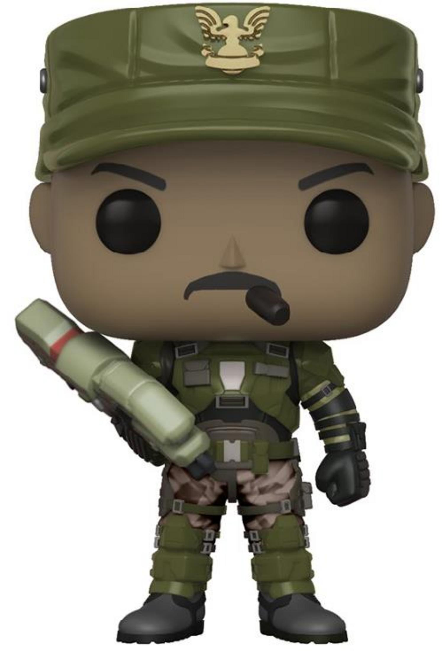 Una figura in uniforme verde con cappello, sigaro e arma.