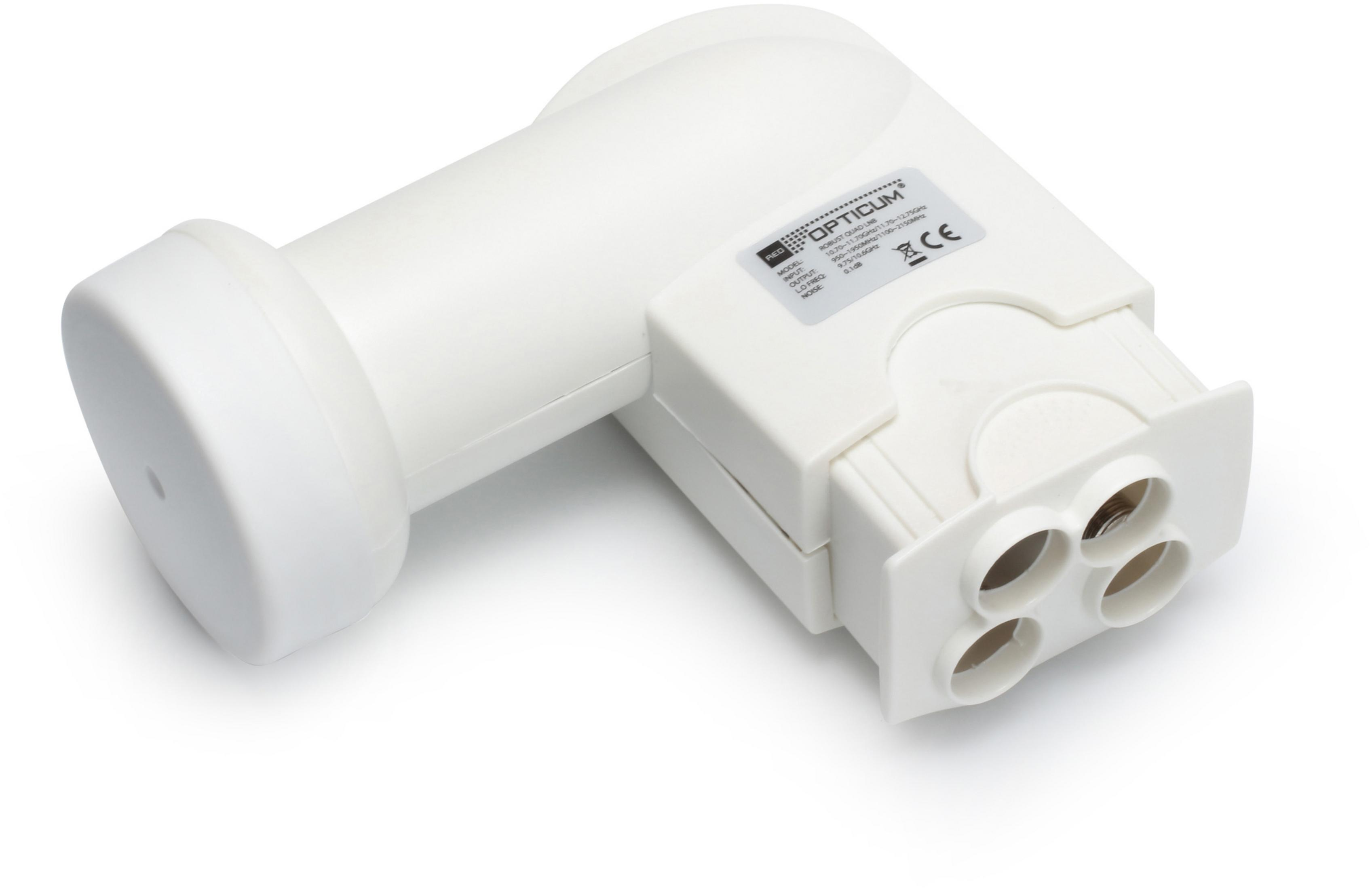 Ein weier LNB mit vier Anschlssen und Beschriftung.