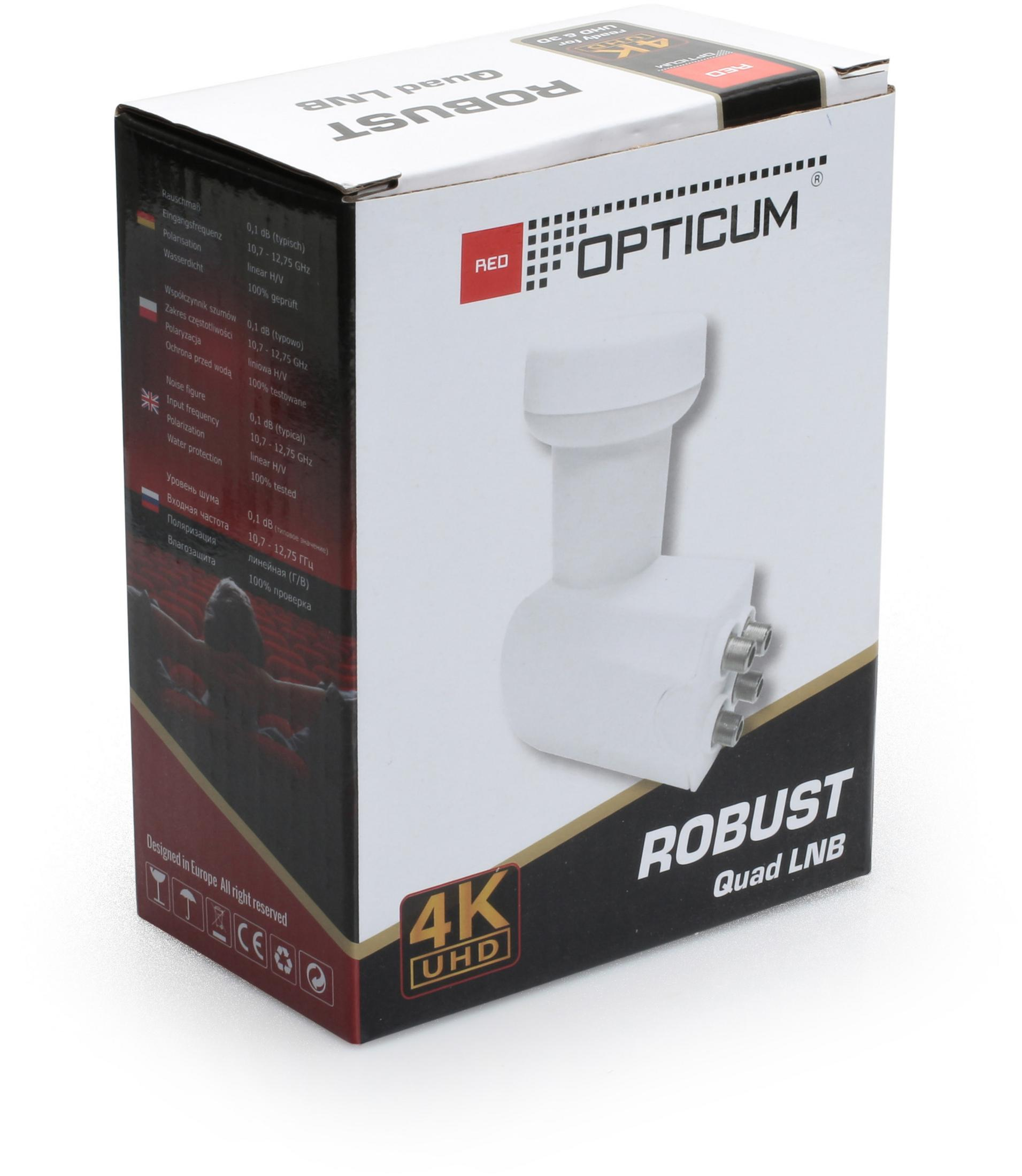 Verpackung eines OPTICUM ROBUST Quad LNB mit 4K UHD Logo.
