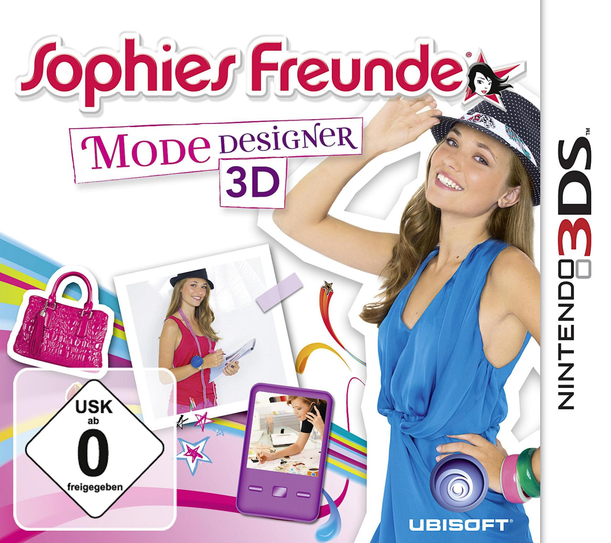 Spielcover: Junge Frau im blauen Kleid, NINTENDO 3DS-Logo, Tasche, Rating.