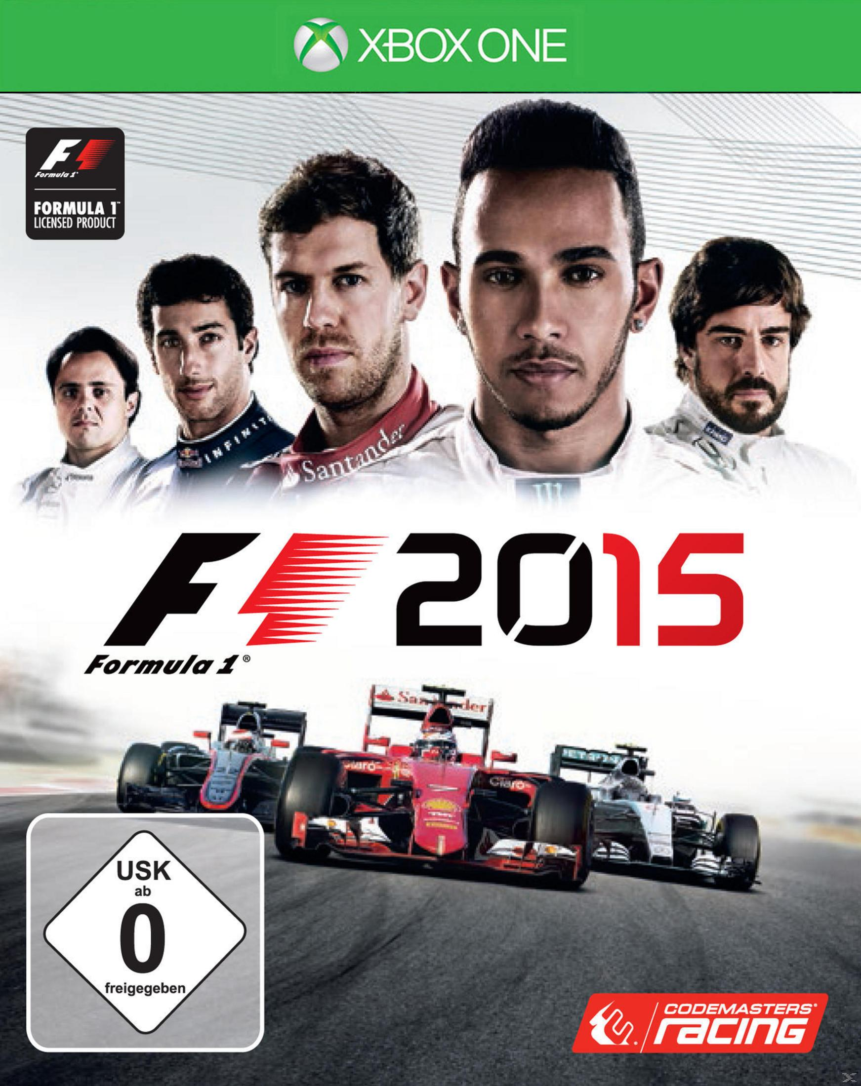 Formel-1-Rennfahrer und Autos auf der Strecke, mit Xbox One und F1 2015 Logo.
