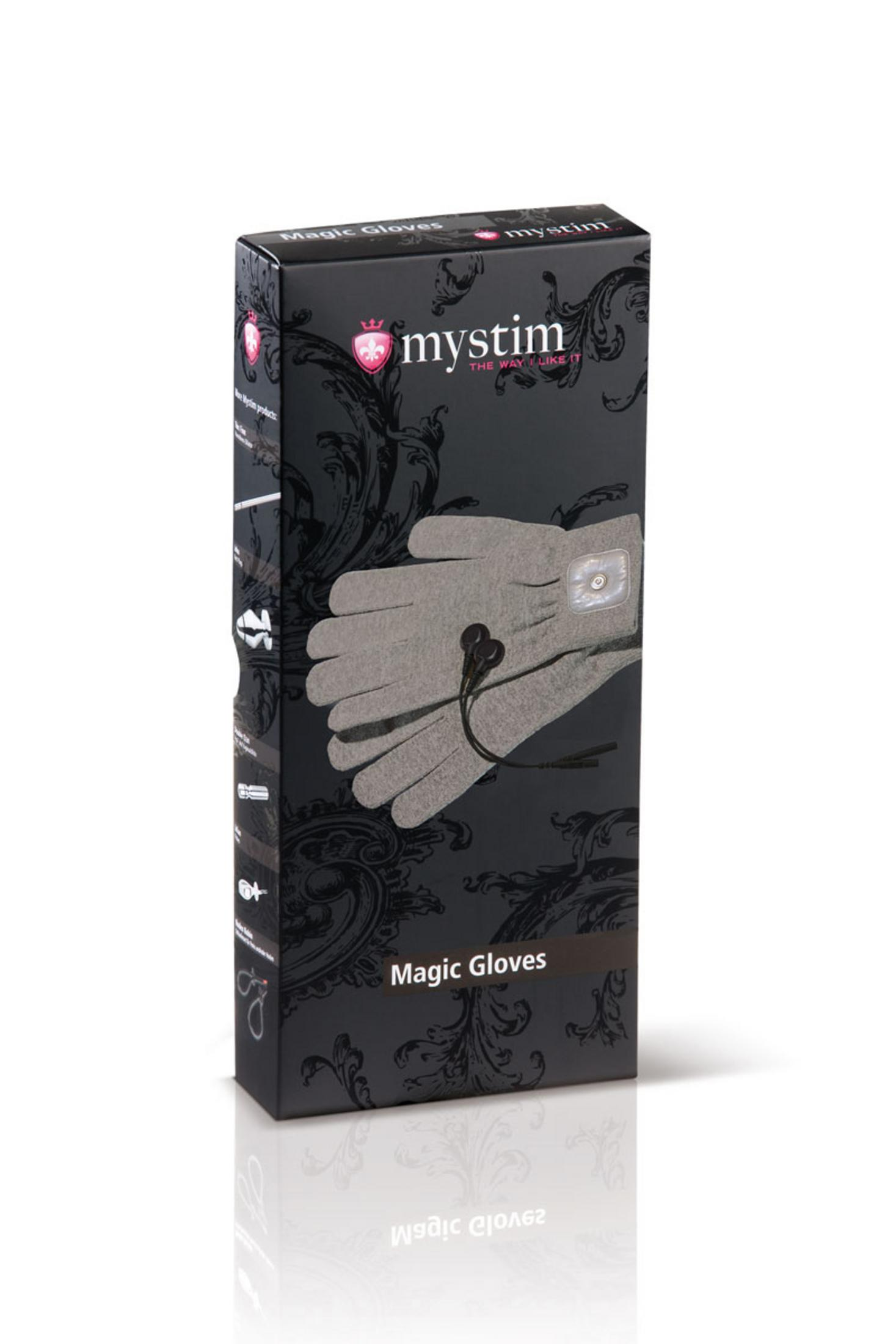 Schwarze Box mit einem Bild von grauen Handschuhen und dem Mystim-Logo.