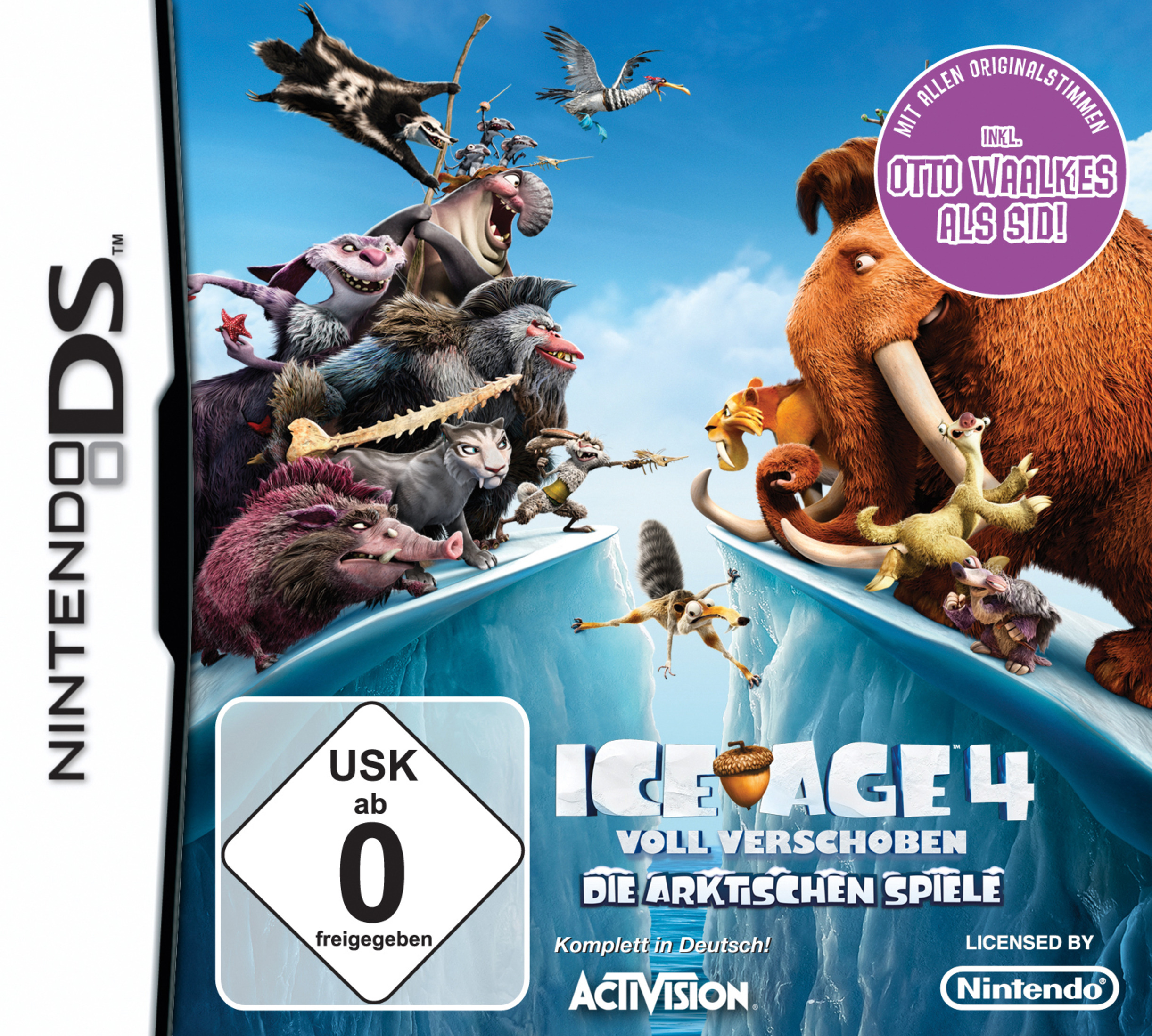 Ice Age 4 DS-Spiel mit Figuren, USK 0 Siegel und Nintendo-Logo.