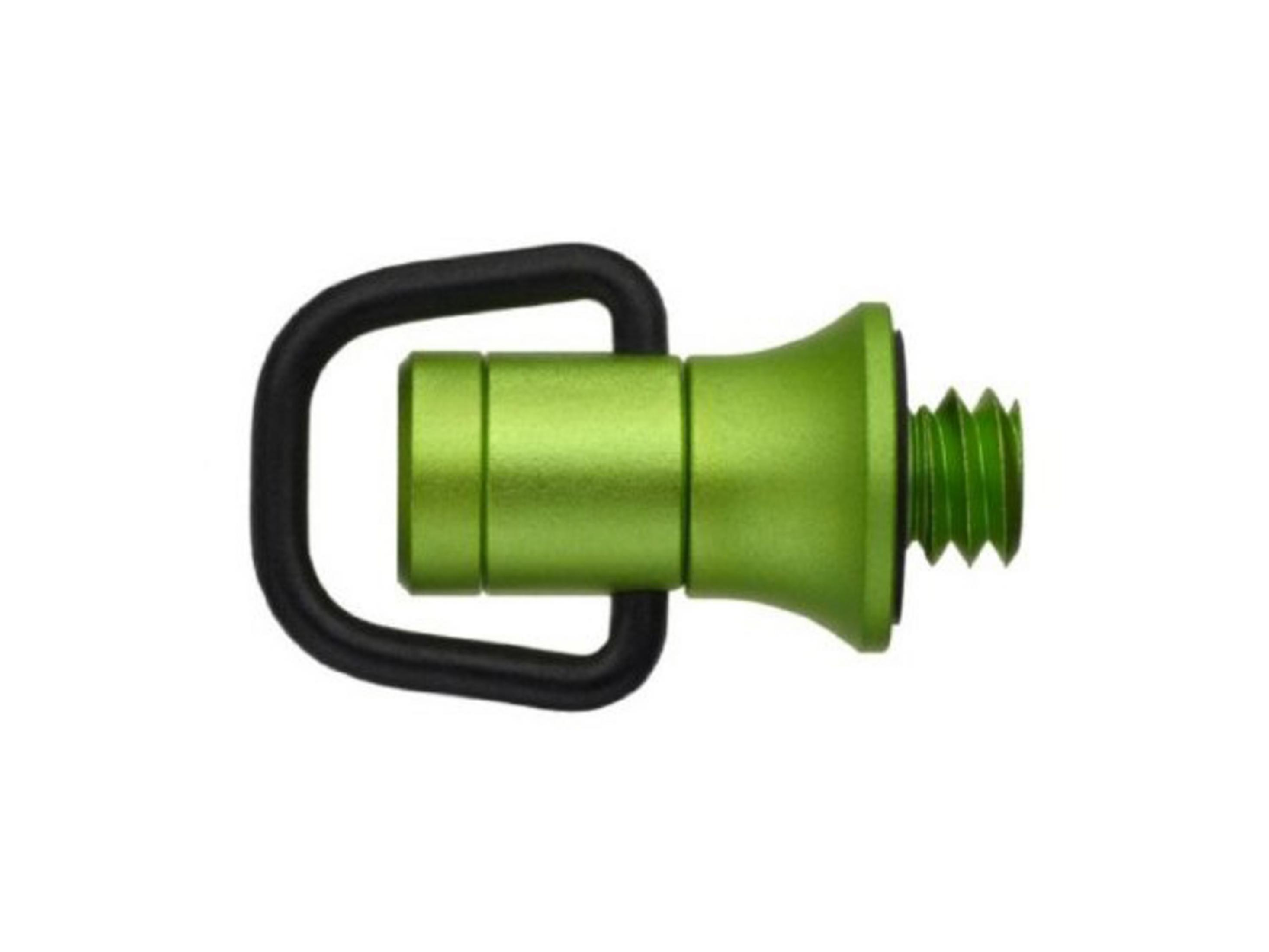 Zielony metalowy adapter z czarnym D-ringiem i gwintem.