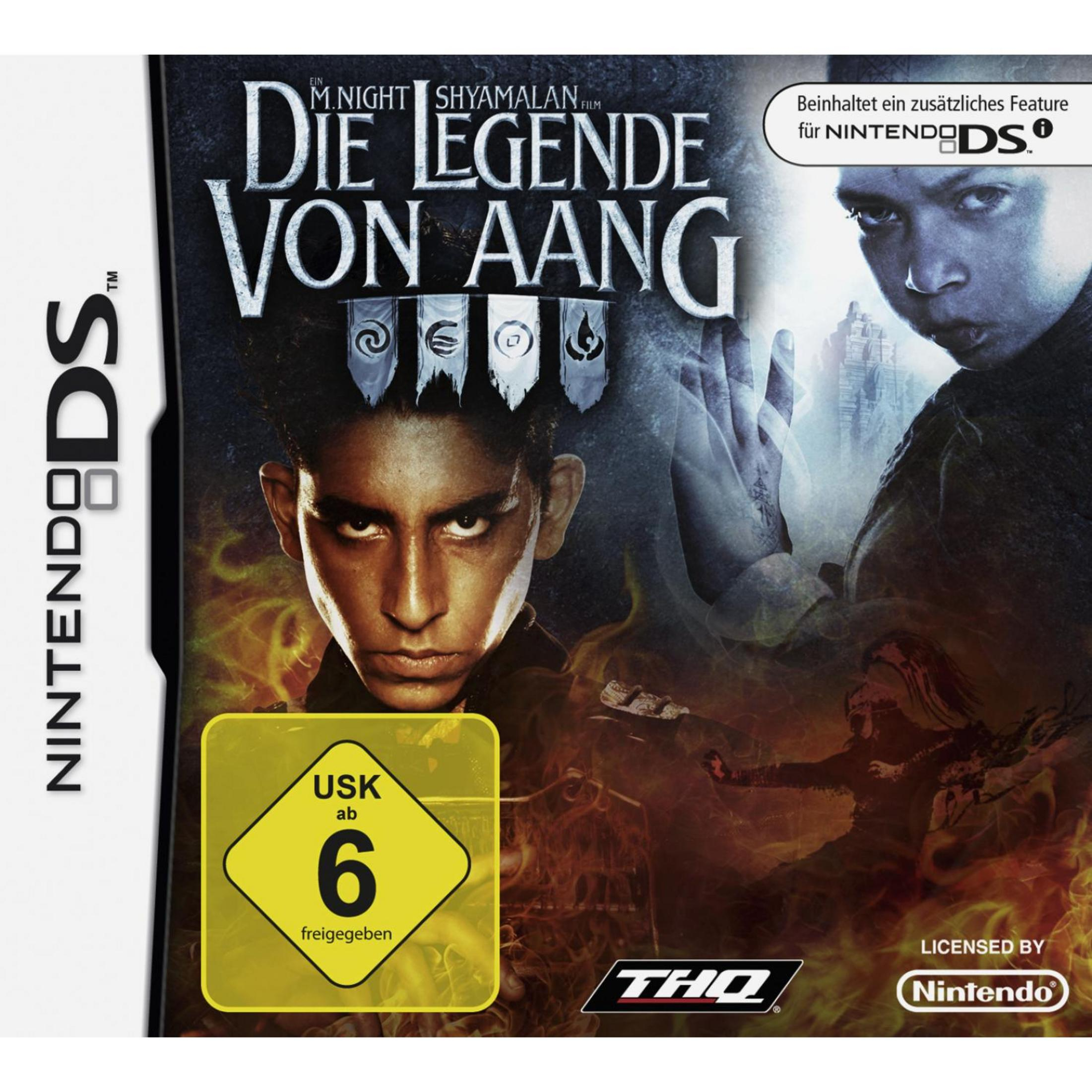 Die Legende von Aang Nintendo DS-Spielcover mit Aangs Gesicht, Feuer und Symbolen.