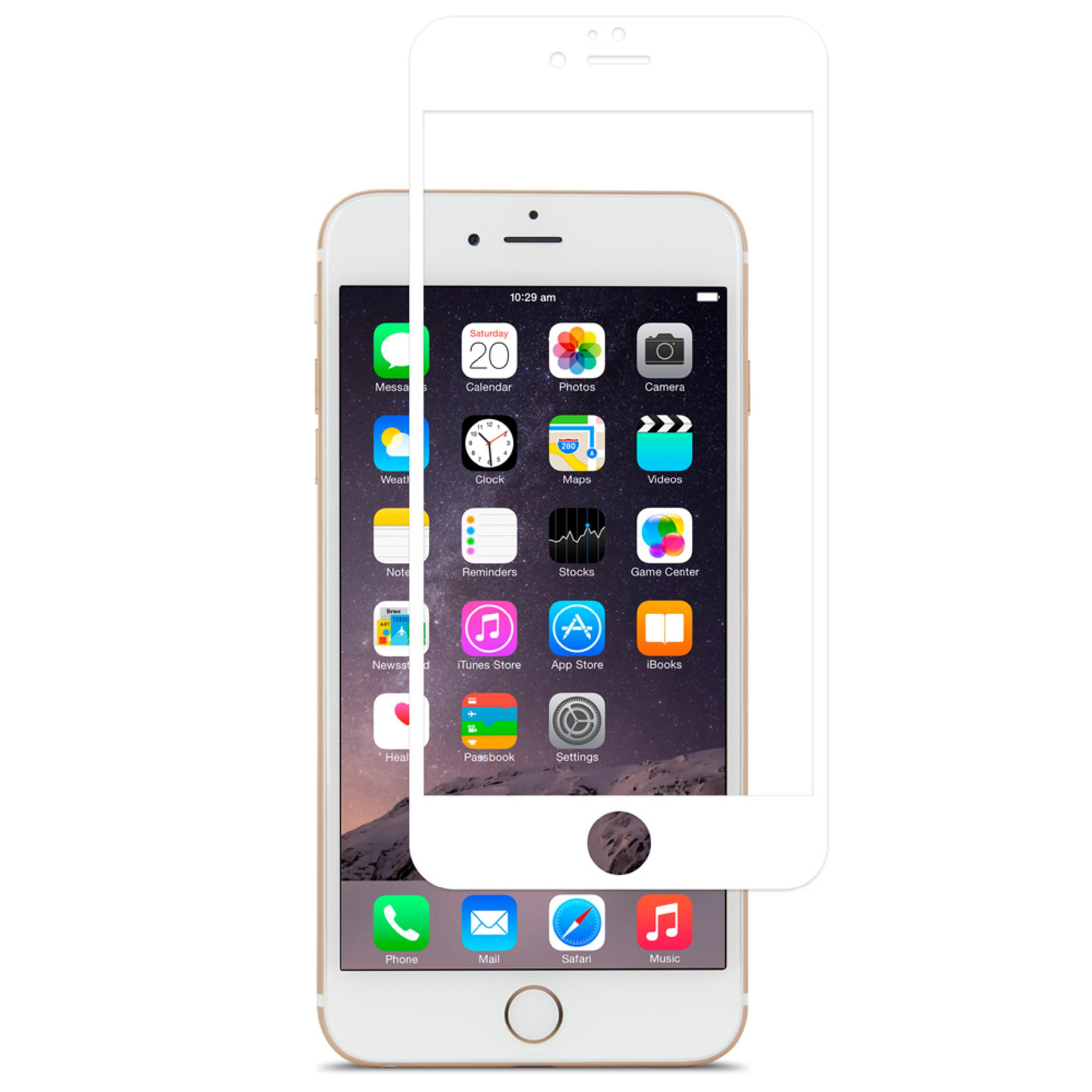 Schermo di un iPhone dorato con varie icone di app, coperto da una pellicola protettiva.