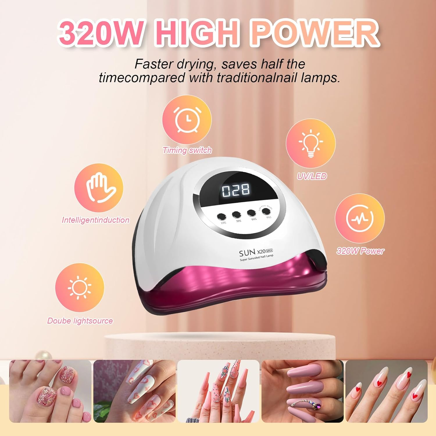320W UV-Nagellampe mit Timing, Sensor und doppelter Lichtquelle. Zeigt detaillierte Nägel.