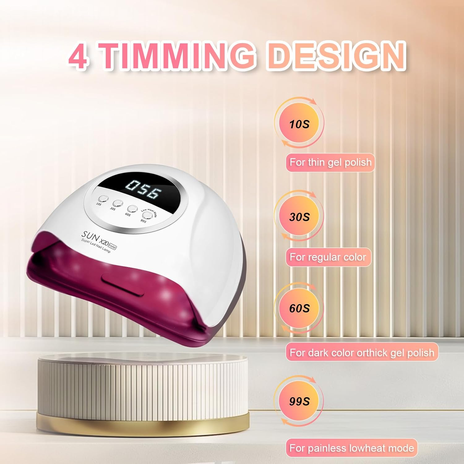 Nageltrockner mit 4 Timer-Einstellungen: 10S, 30S, 60S, 99S.