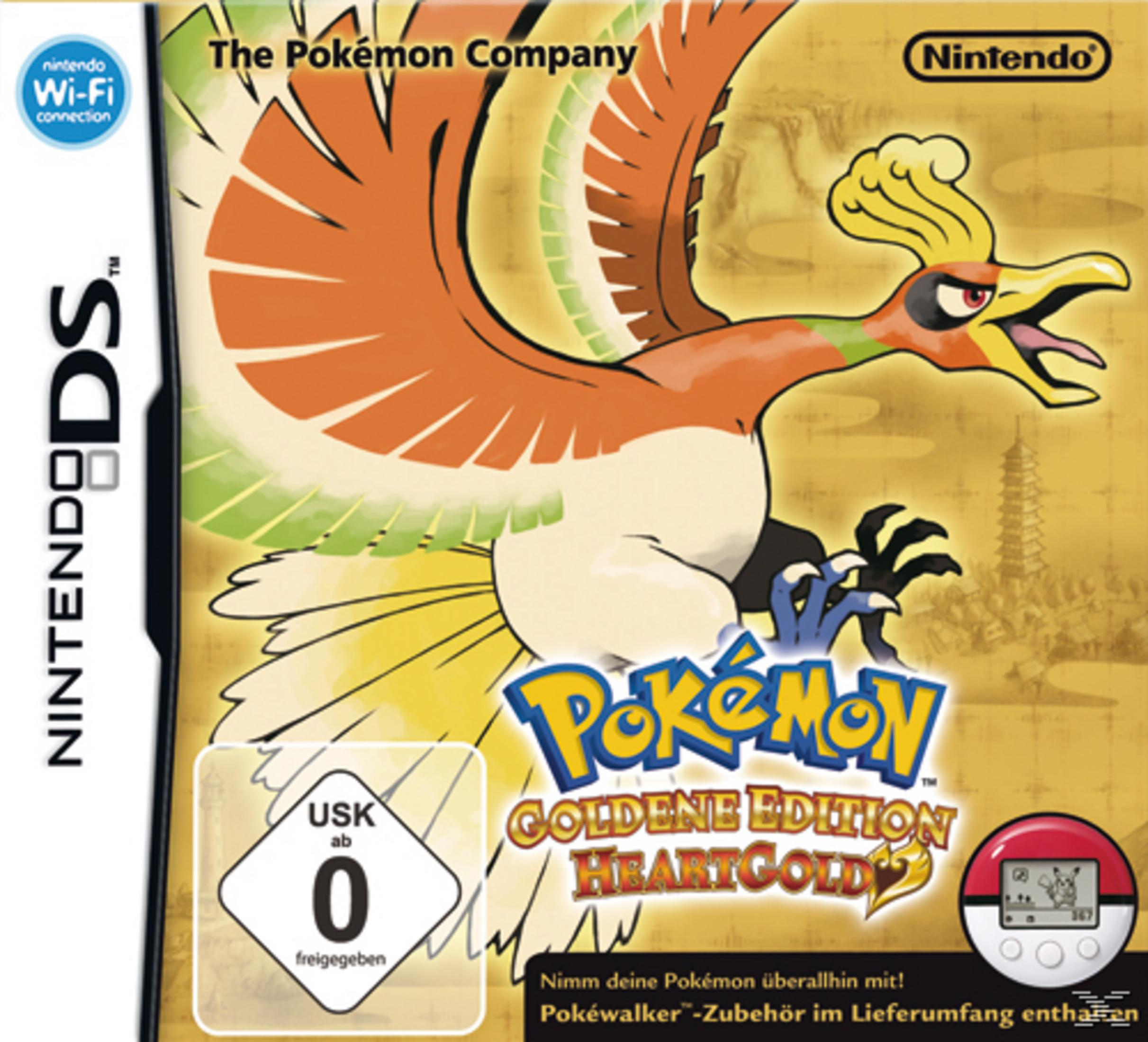Pokémon HeartGold Edition Cover mit Ho-Oh, Nintendo DS und Pokéwalker.