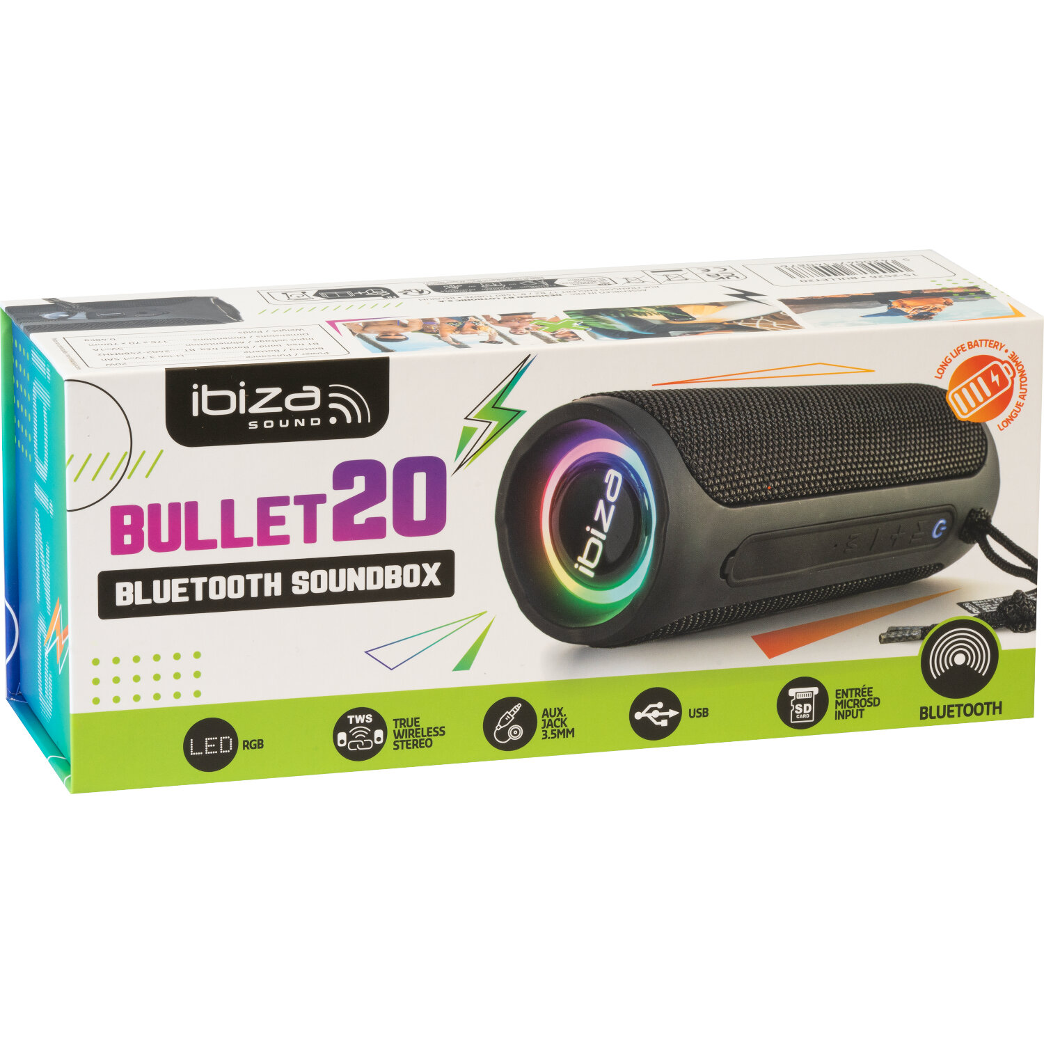 Ibiza Bullet 20 Bluetooth Soundbox auf Verpackung mit Symbolen für LED, TWS, AUX, USB, SD, Bluetooth.