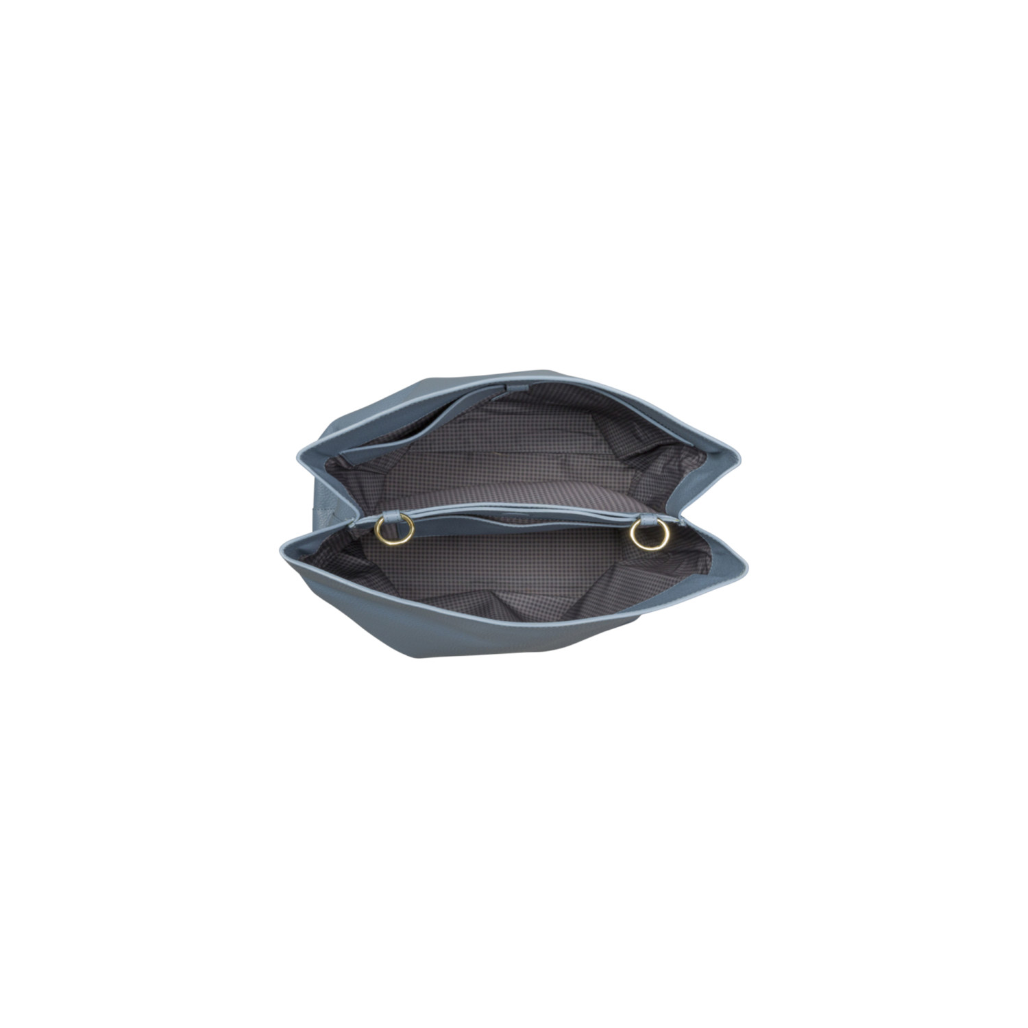 Eine offene hellblaue Tasche mit kariertem Innenfutter und goldfarbenen Ringen.
