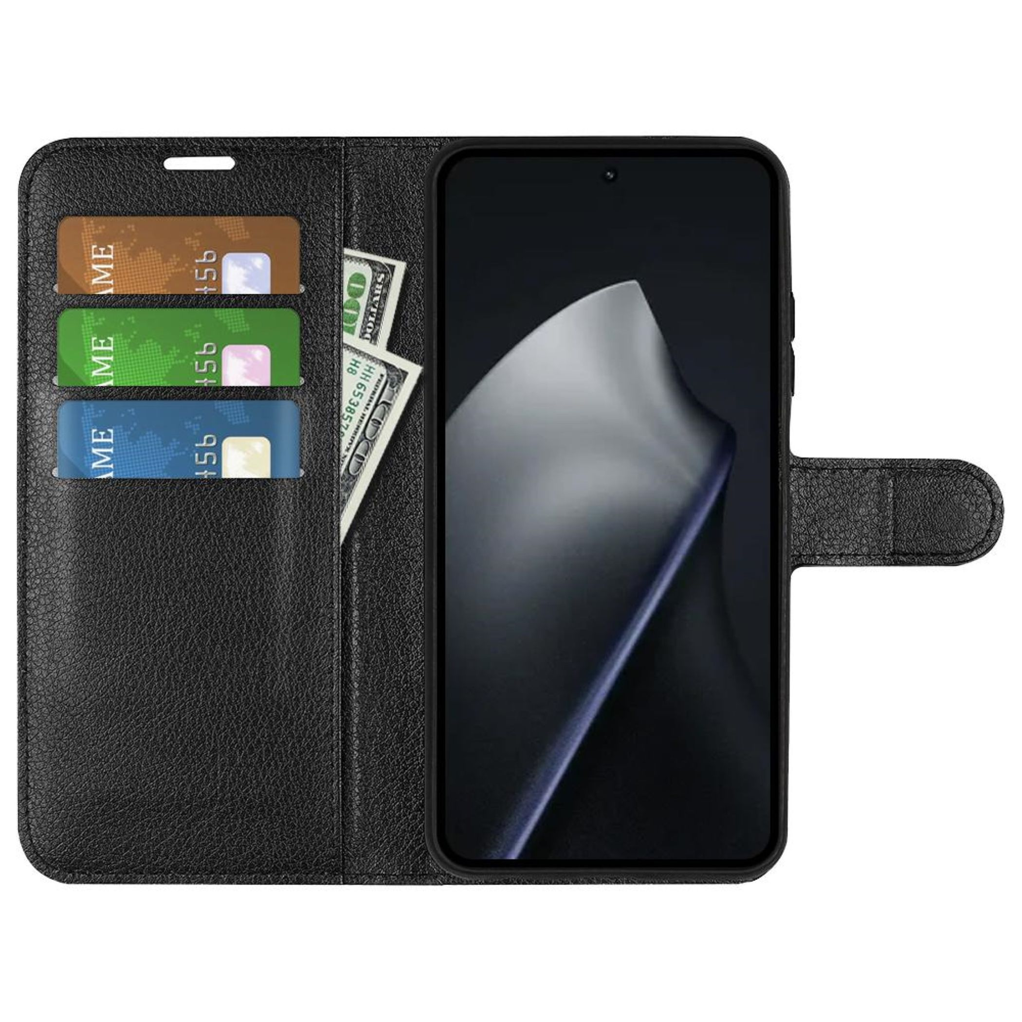 Ein schwarzes Leder-Flip-Case für ein Smartphone mit drei Kartensteckplätzen und Geldscheinen.