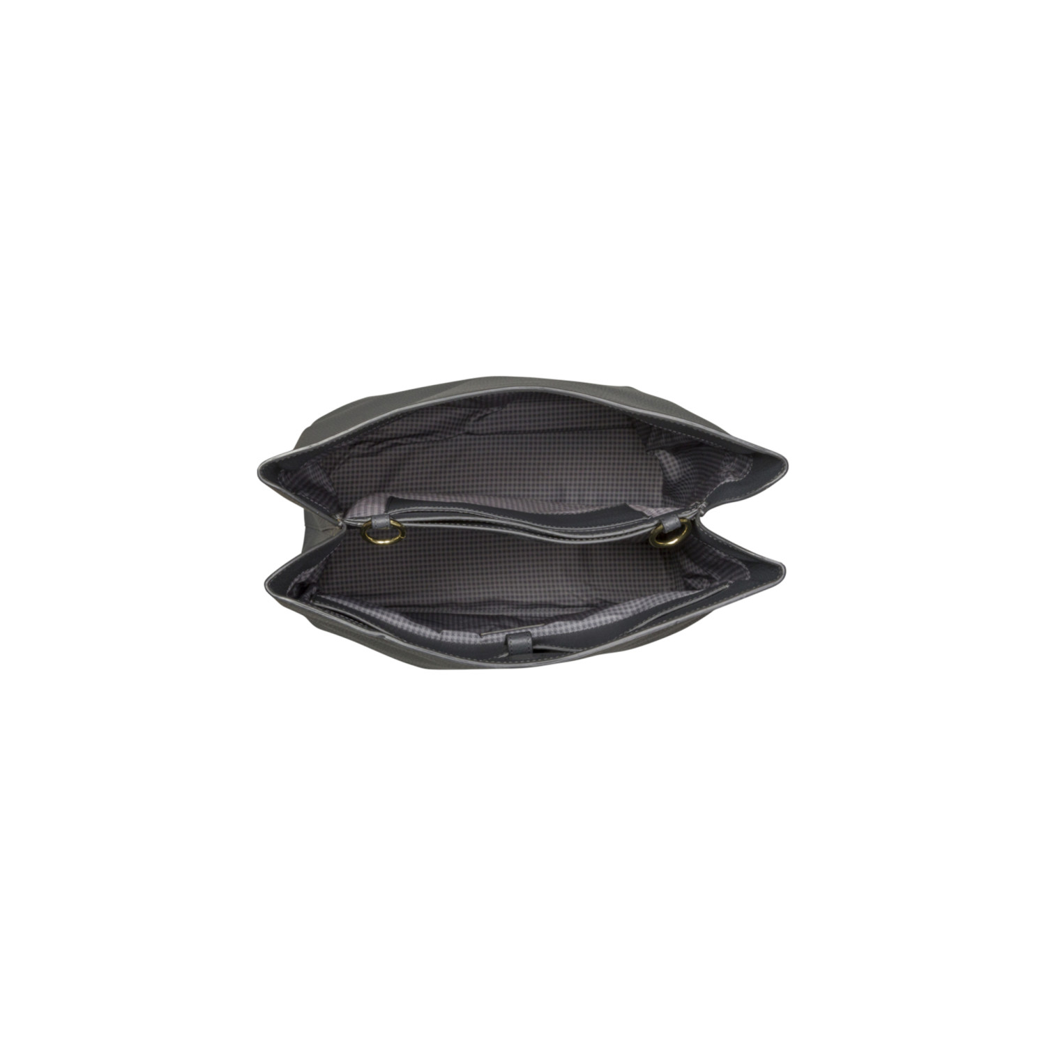 Offene graue Tasche mit kariertem Innenfutter und goldenen Ringen.