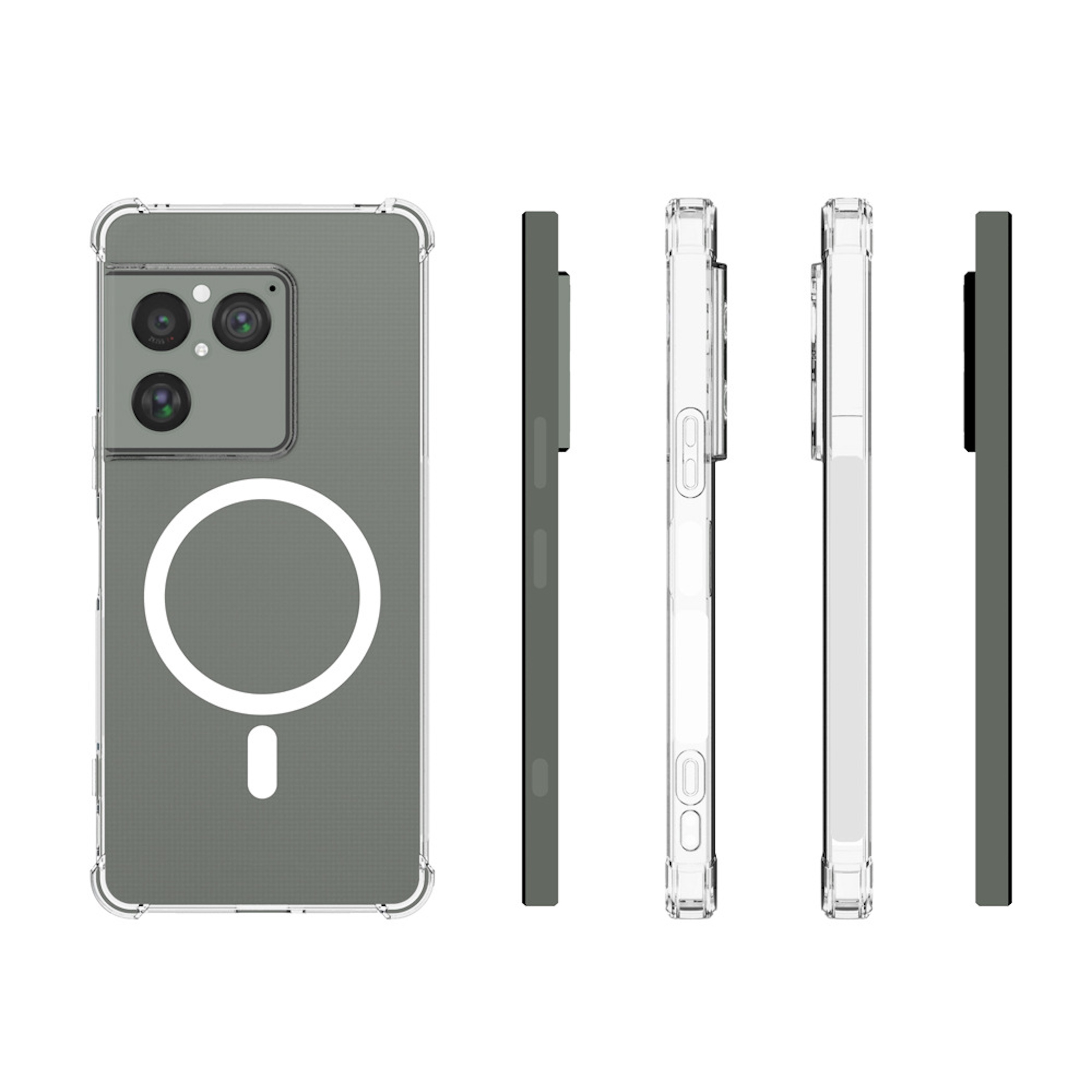 Transparente Schutzhülle für ein Smartphone mit Kameras und Magnetring.
