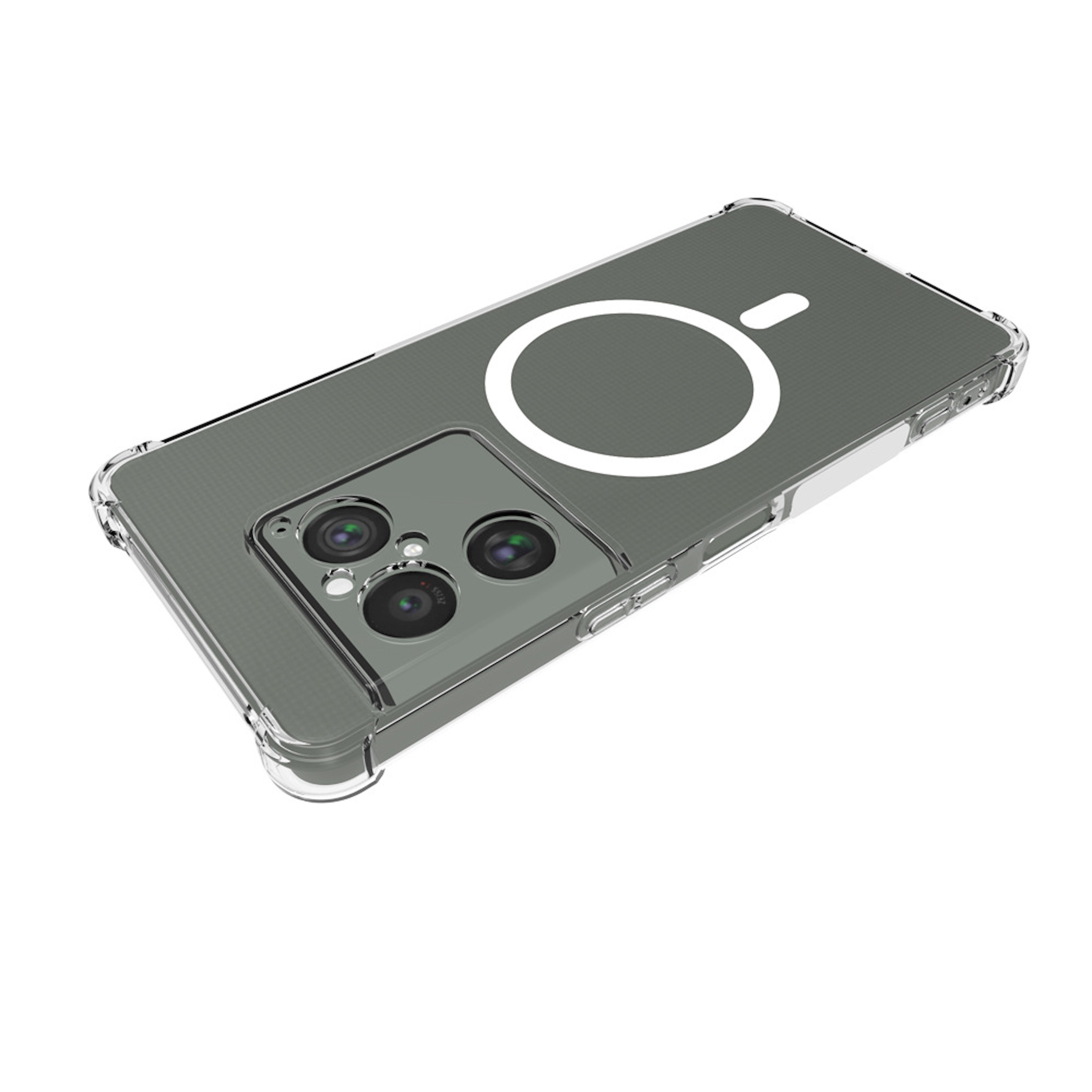 Transparente Handyhülle mit drei Kameralinsen und weißem Magnetring.