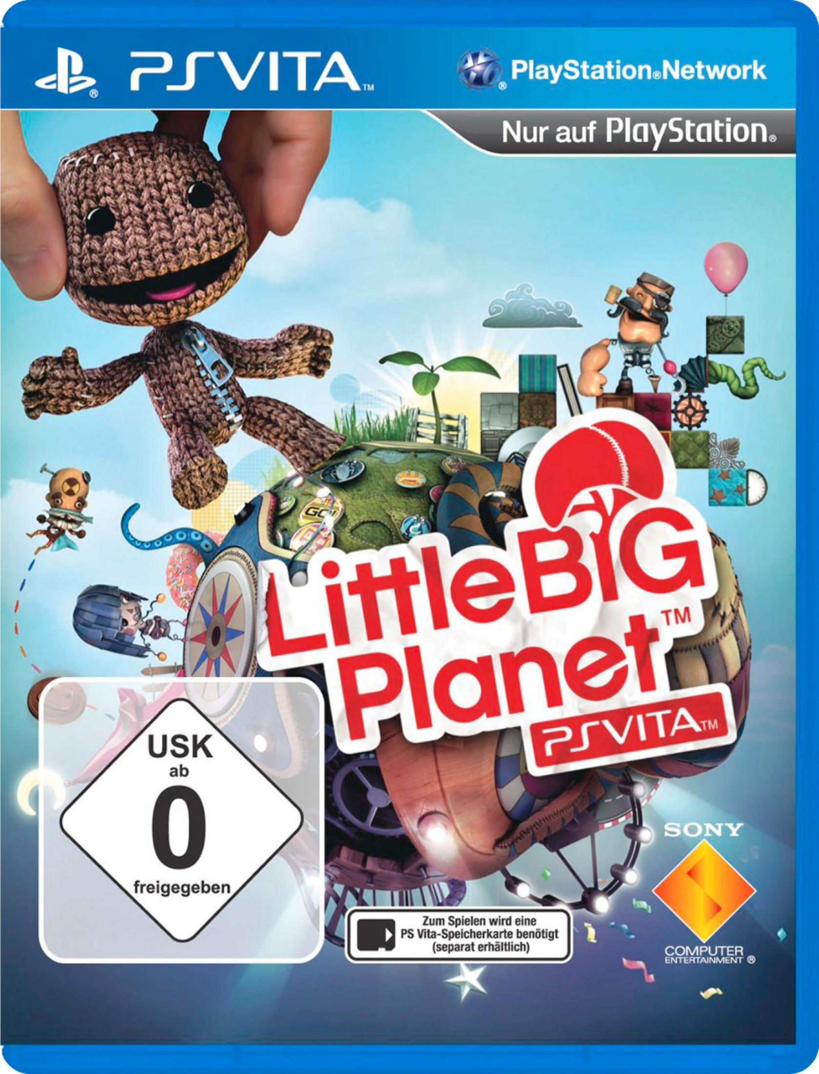 LittleBig Planet PS Vita Cover mit Sackboy und anderen Charakteren auf bunter Welt.