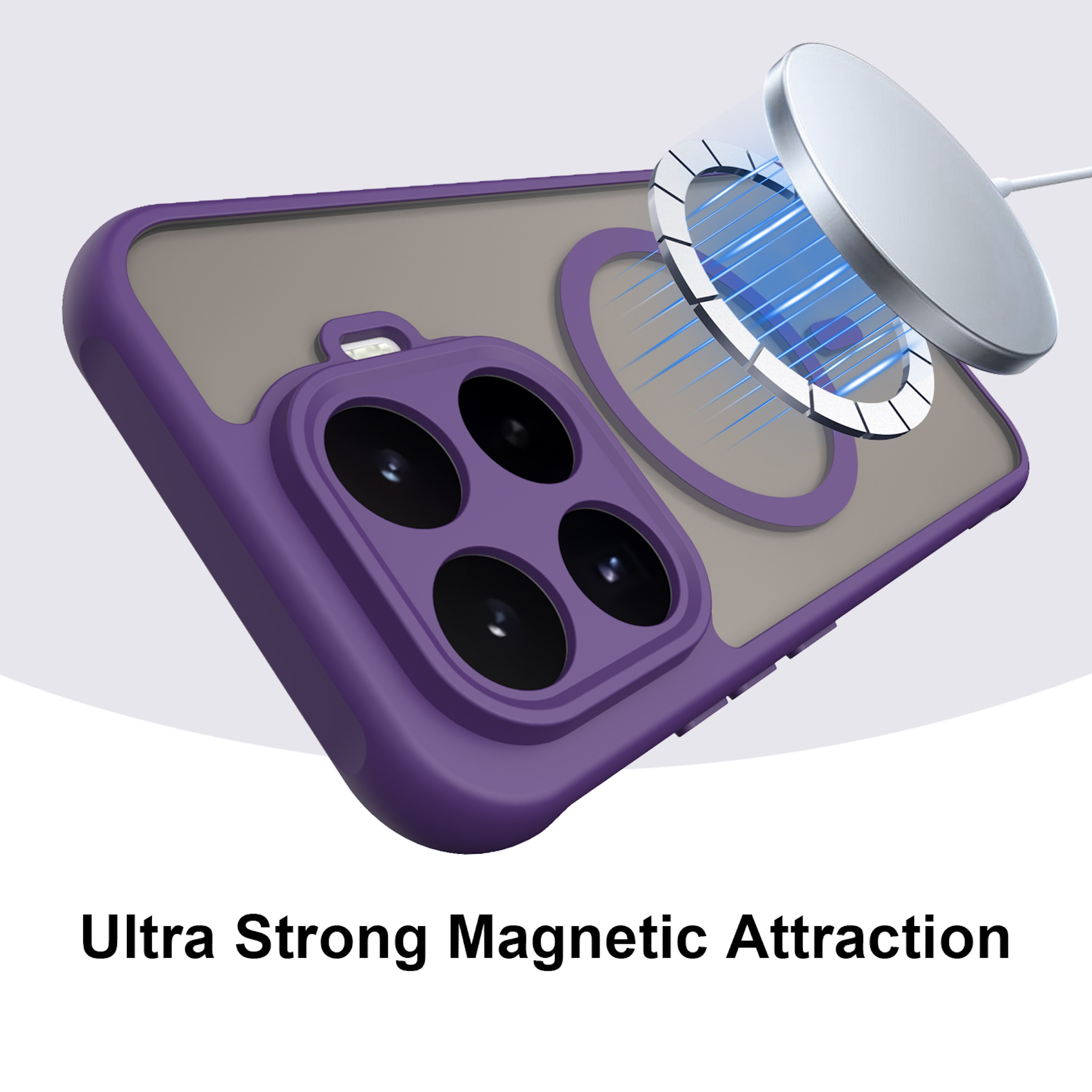 Lila Handyhülle mit MagSafe-Ladegerät und blauen Magnetfeldlinien.