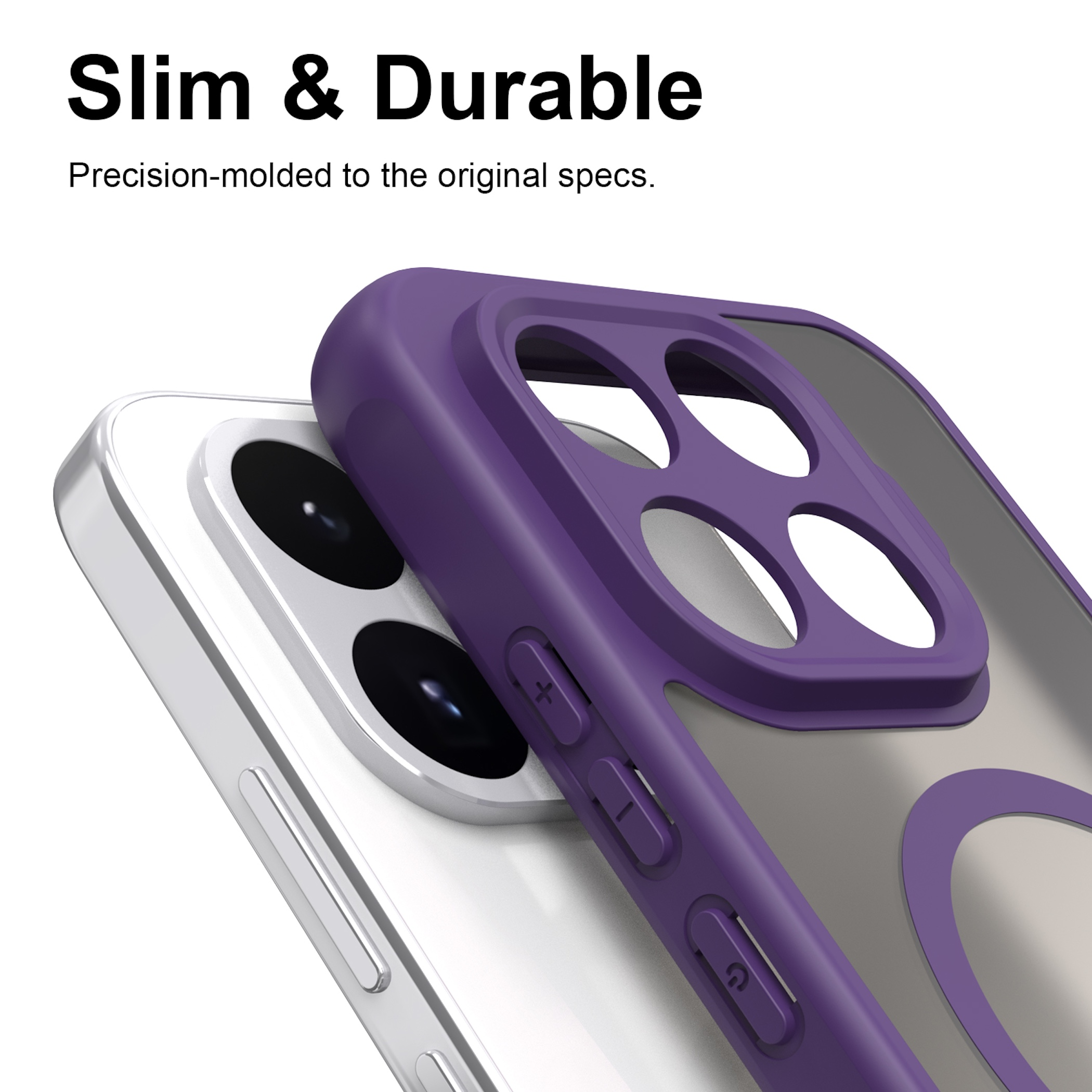 Lila Handyhülle auf einem silbernen Handy mit drei Kameras.