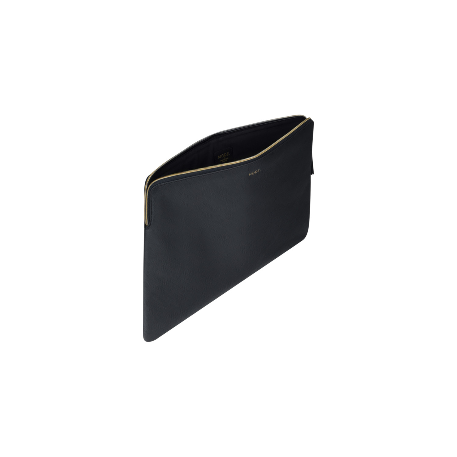 Schwarze Leder-Clutch mit goldenem Reißverschluss, auf weißem Hintergrund.