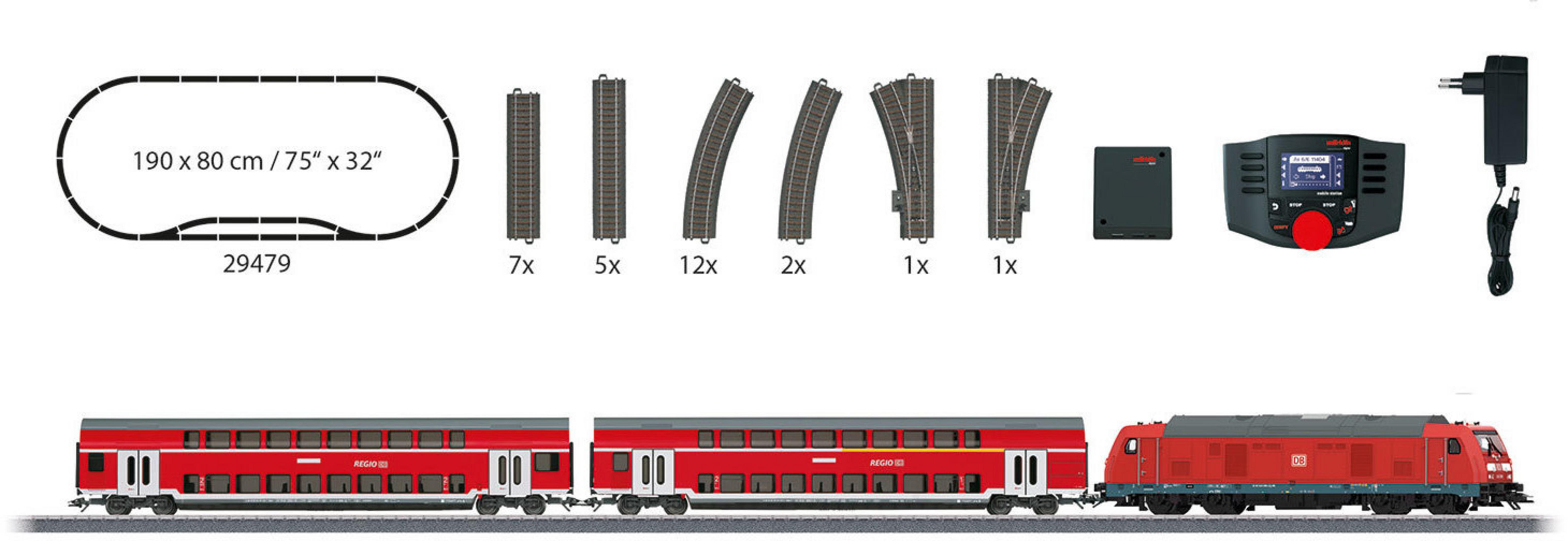 Modelleisenbahn-Set mit Gleisen, Lokomotive, Waggons und Steuereinheit.