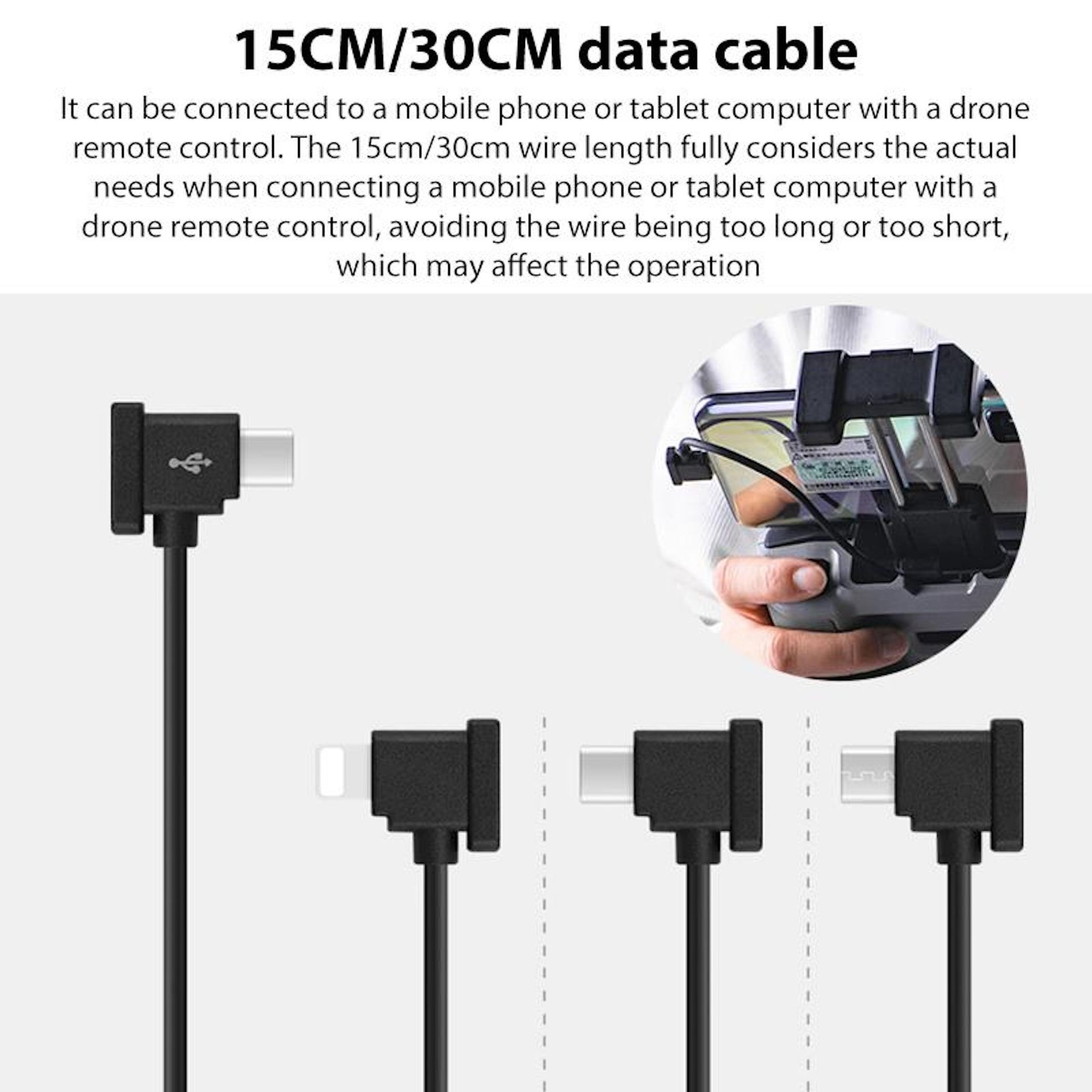 Datenkabel 15/30cm mit verschiedenen Anschlüssen für Drohnenfernbedienungen.