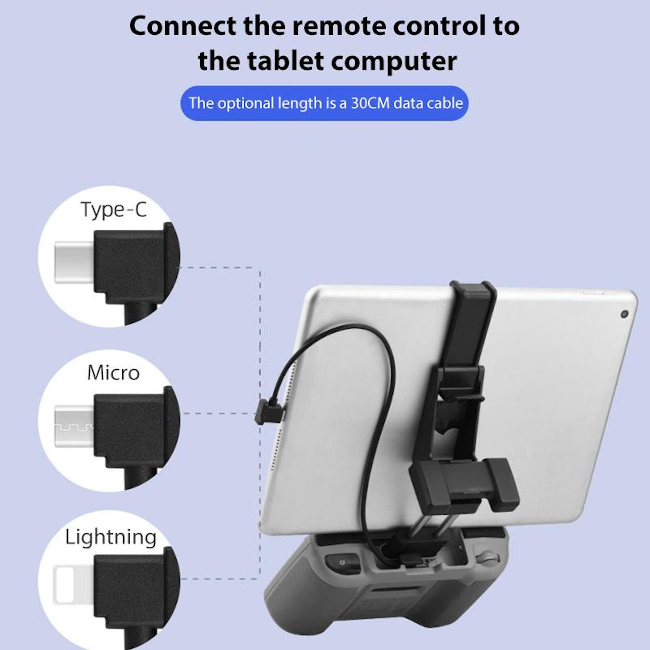 Ein Tablet ist in einer Halterung an einem Controller befestigt. Kabelanschlüsse werden gezeigt.