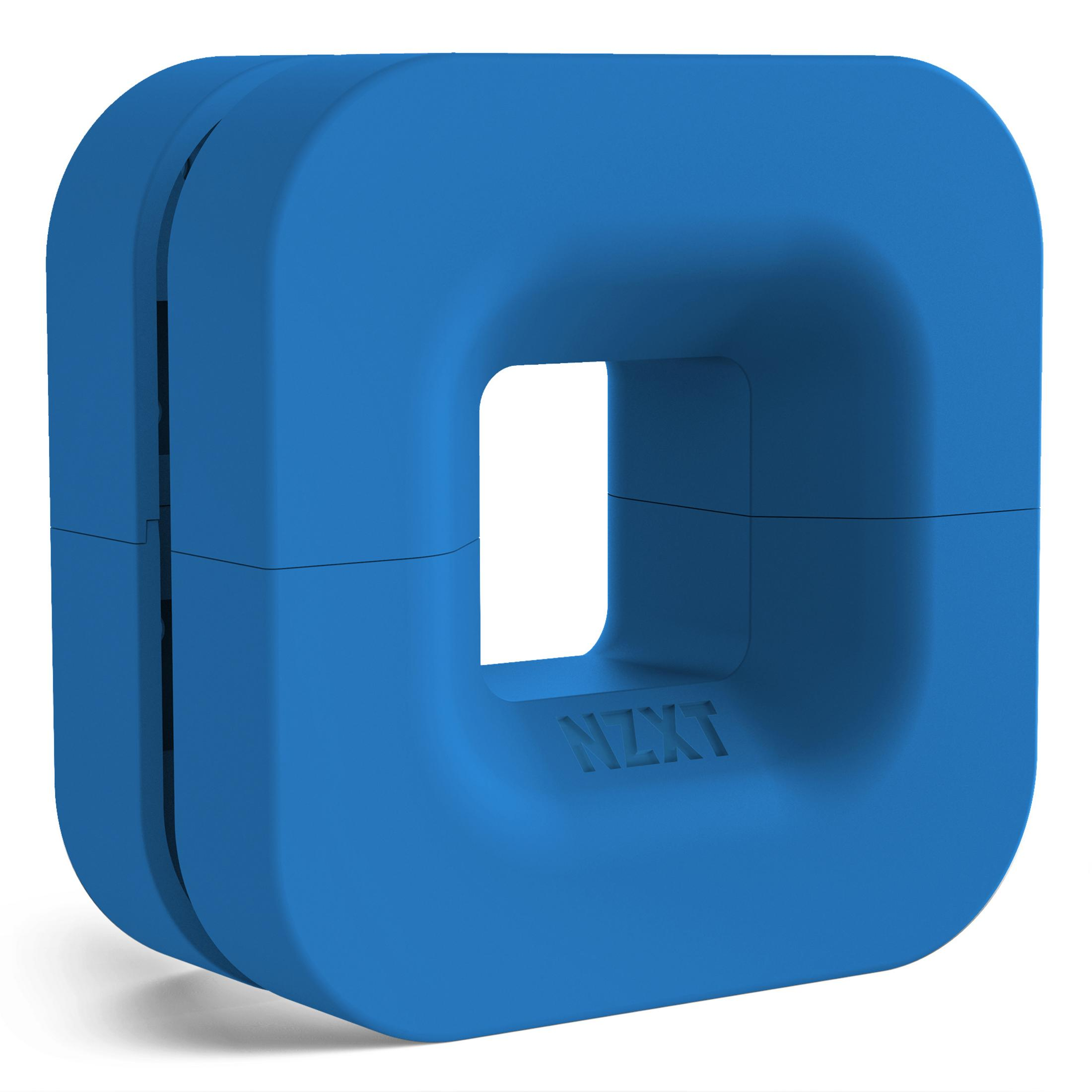 Ein blauer NZXT-Kabelbinder mit einer rechteckigen Öffnung in der Mitte.