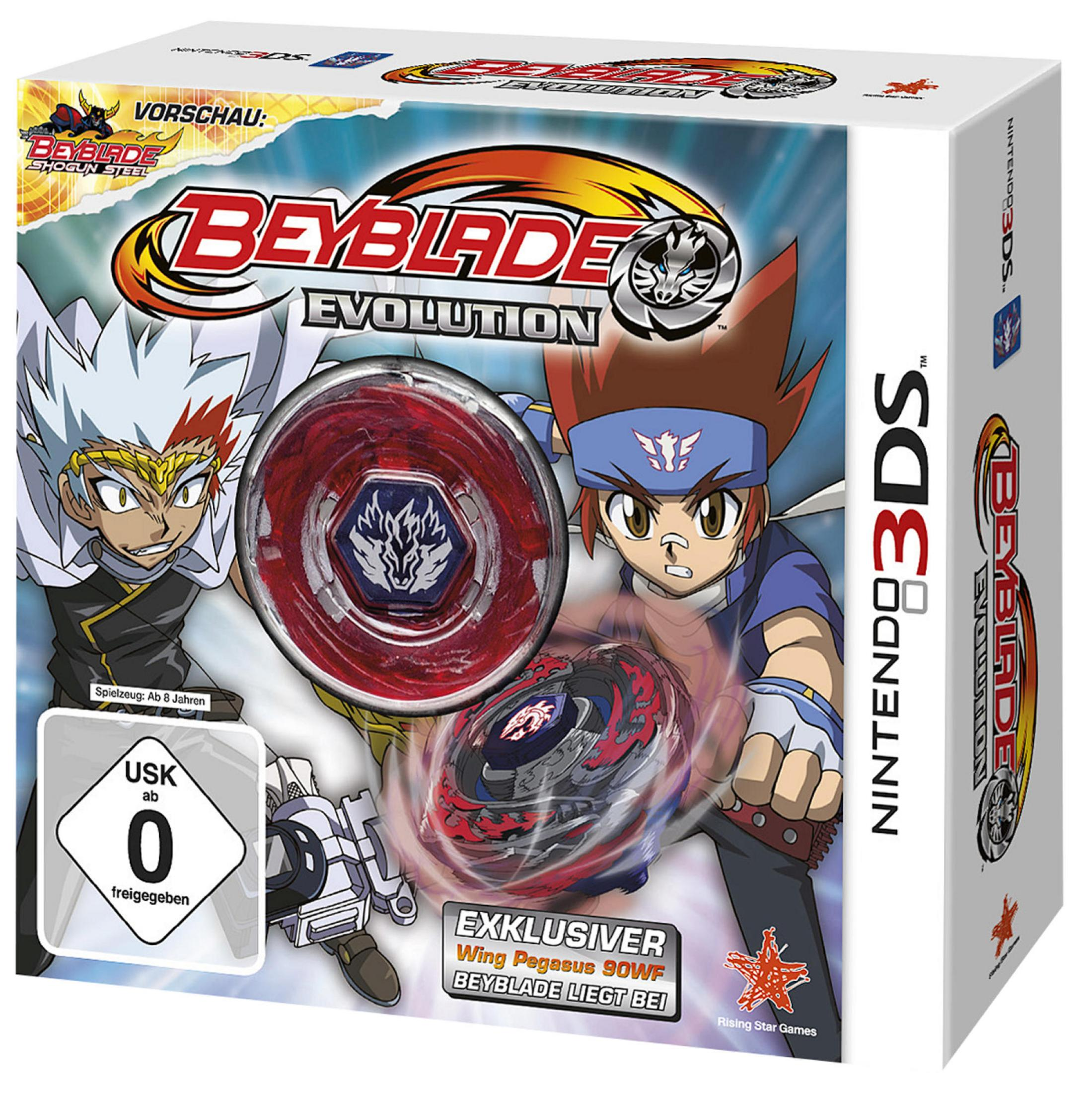 Beyblade Evolution Nintendo 3DS Spielverpackung mit Charakteren und Kreisel.