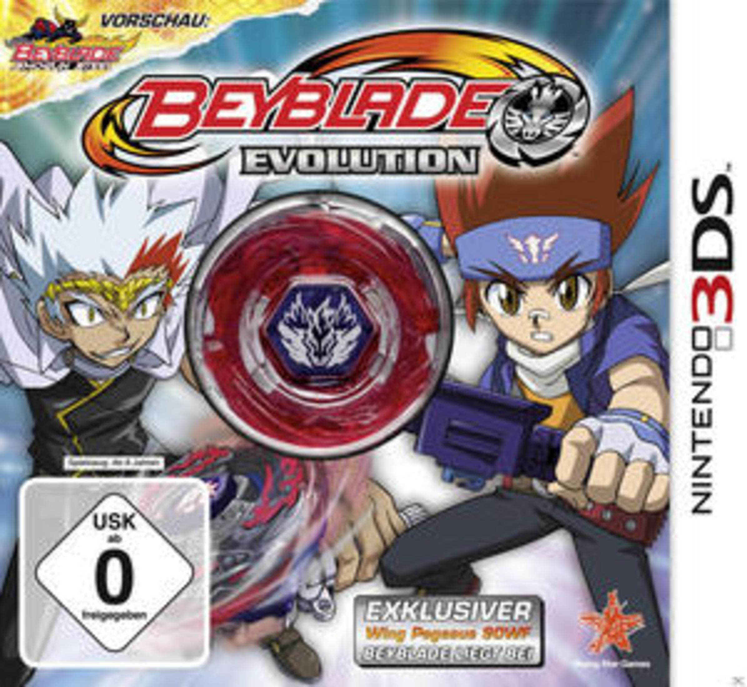 Beyblade Evolution 3DS-Cover mit zwei Anime-Charakteren und einem Kreisel.