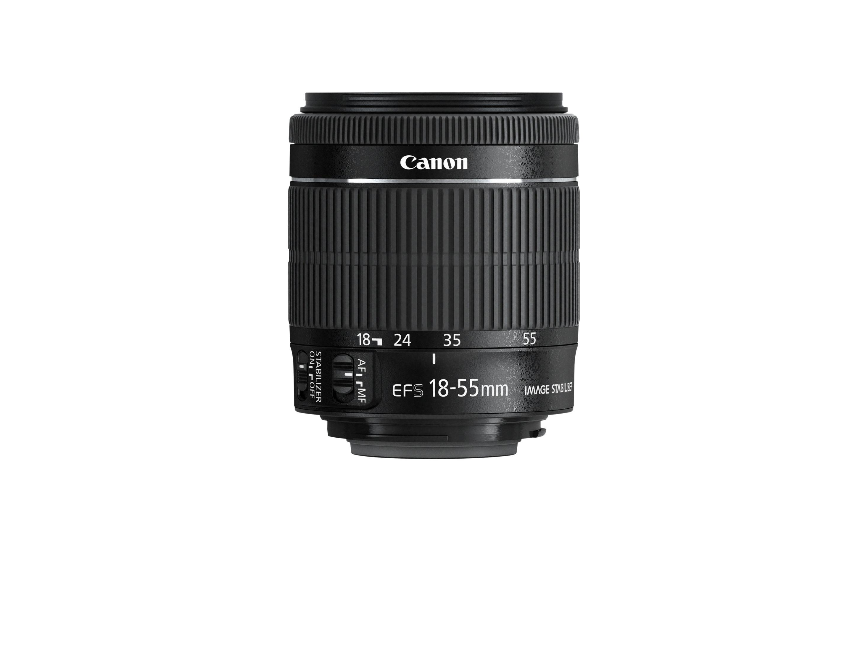 Schwarzes Canon EFS 18-55mm Objektiv mit Fokusringen und Schaltern.