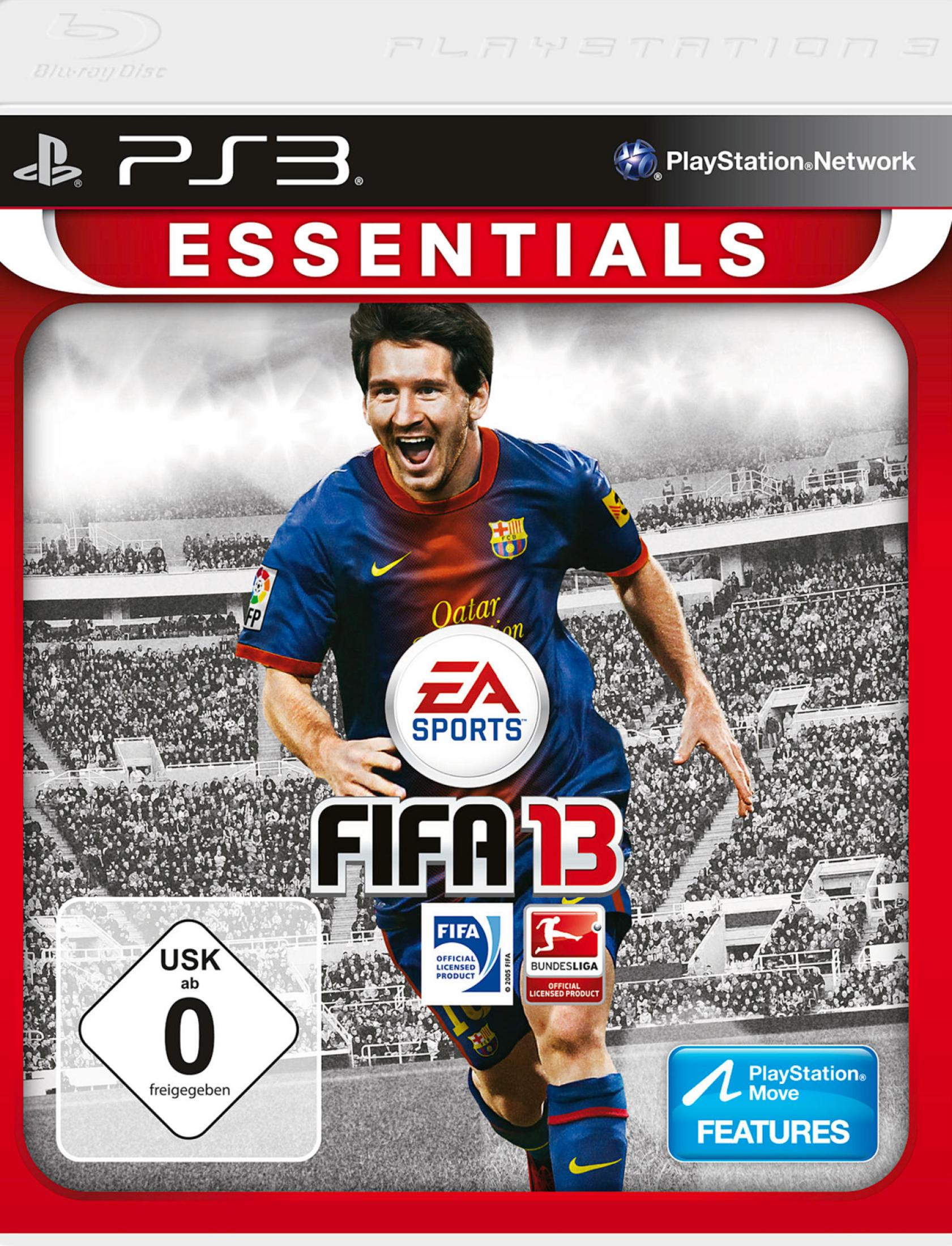 Cover von FIFA 13 mit Lionel Messi in seinem Barcelona Trikot, vor jubelnden Fans.