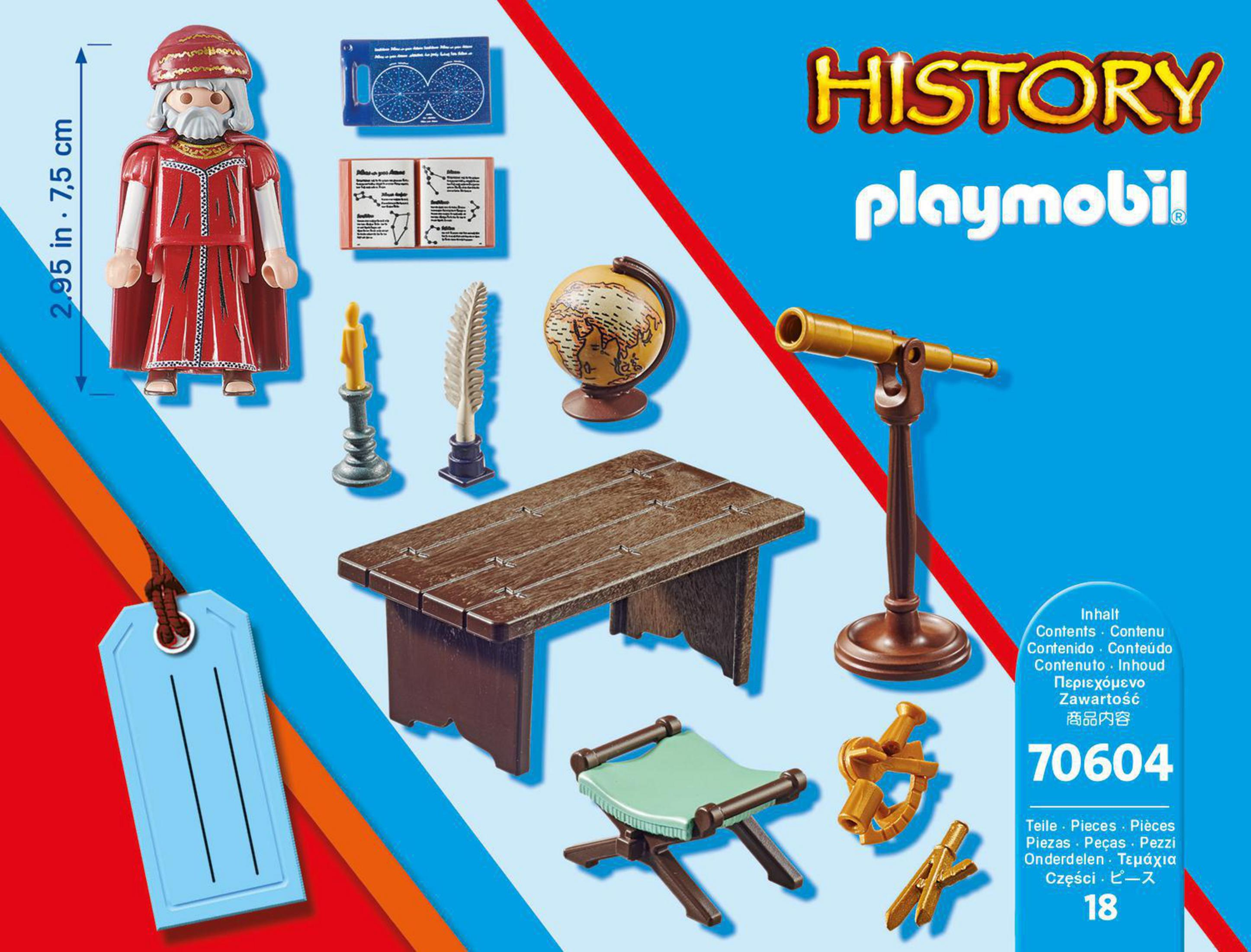 Playmobil Geschichtsset mit Astronaut, Tisch, Globus, Teleskop und mehr.