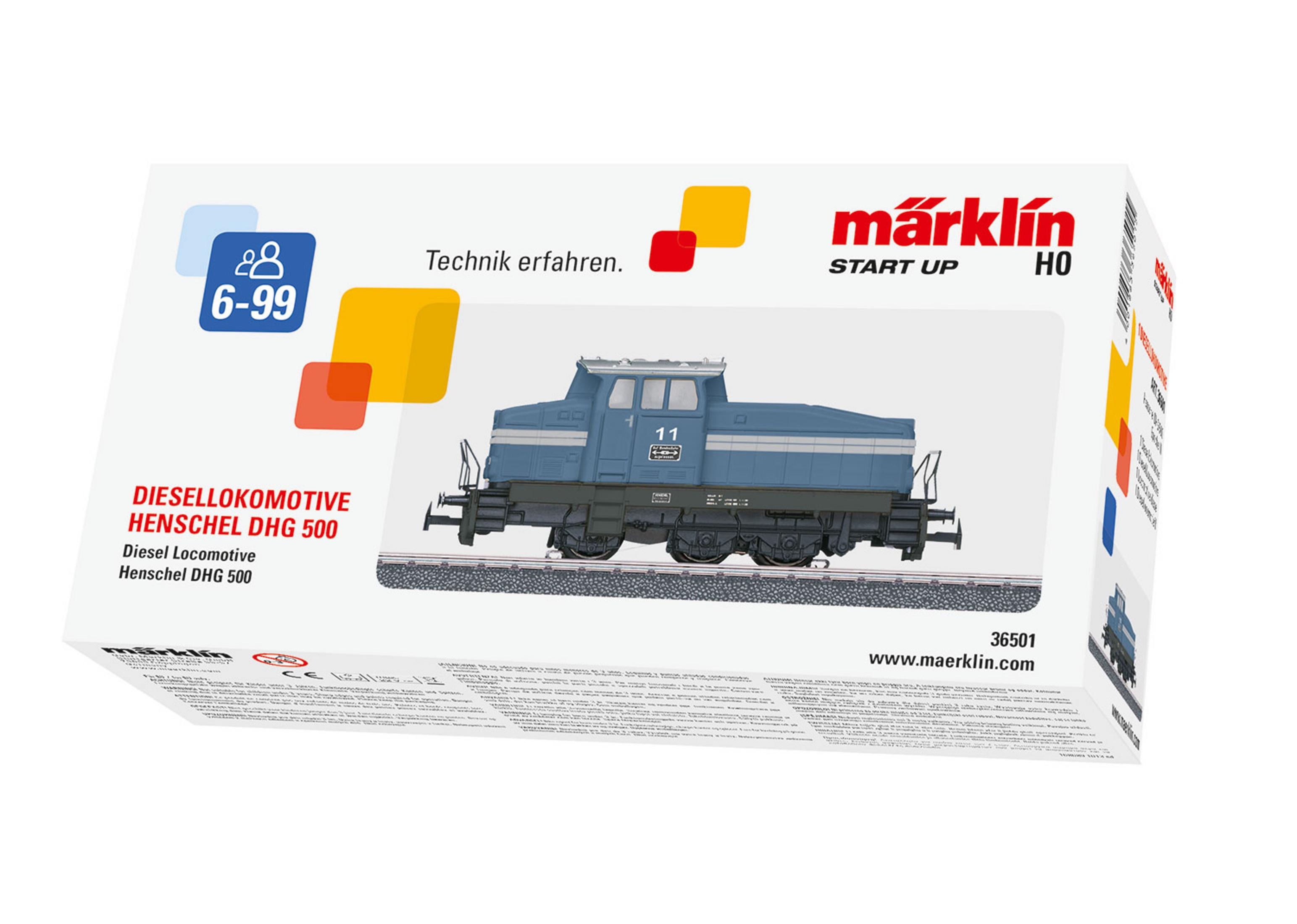 Verpackung einer blauen Märklin HO Diesellokomotive Henschel DHG 500.