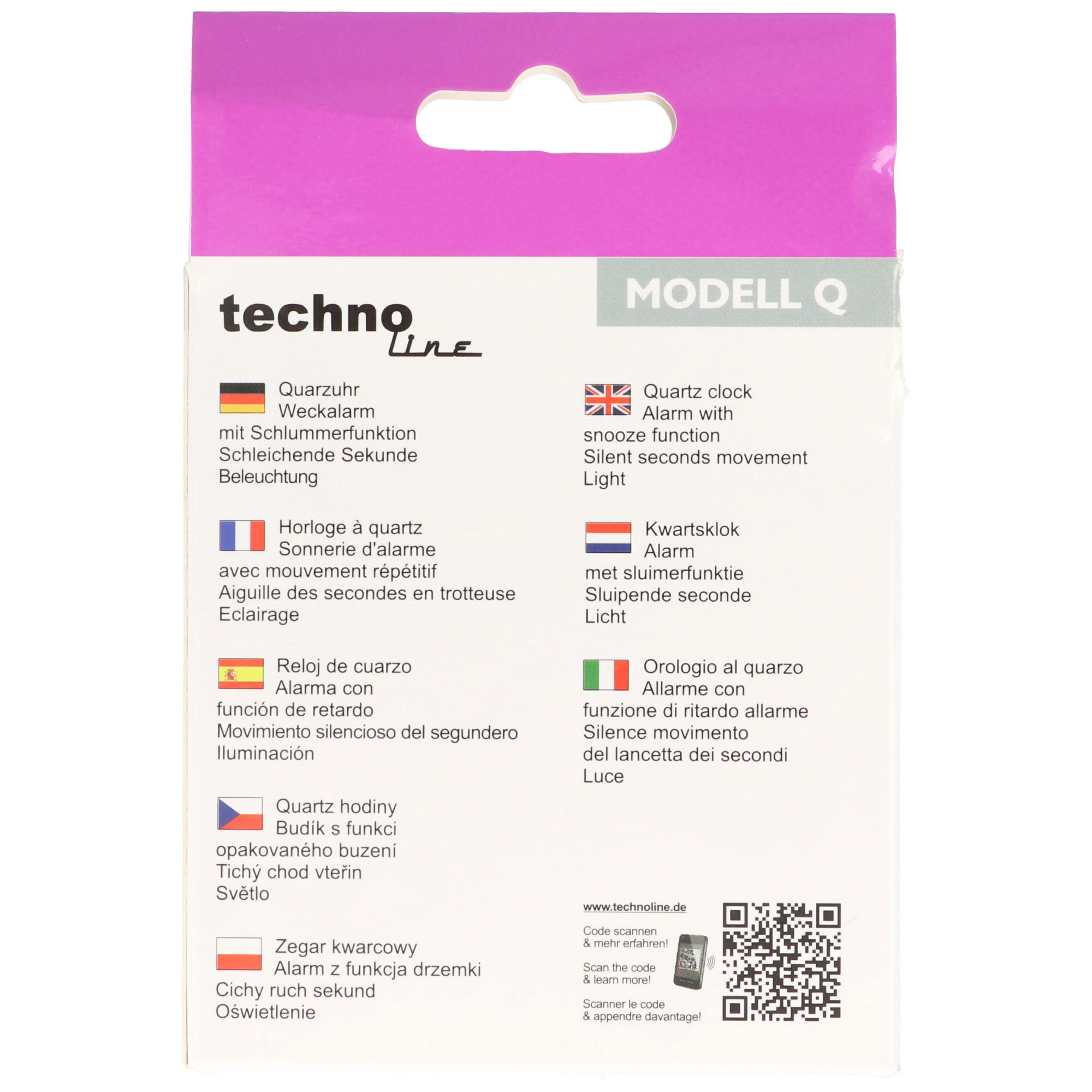 Verpackung für eine Technoline Quarz-Weckuhr mit Modell Q Aufdruck, mehrsprachigen Beschreibungen.
